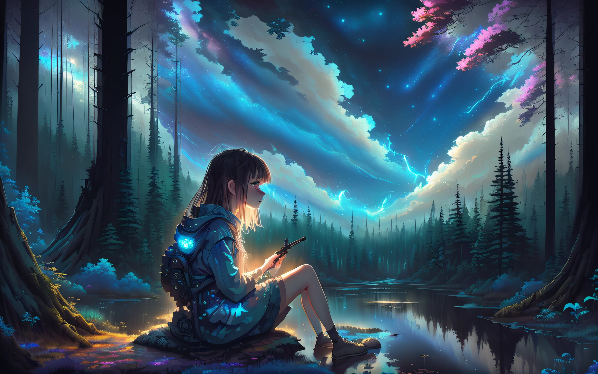 (drybrush speed painting)+, realistic anime lone girl sitting and looking up at a grand vivid night sky, forest, paint (strokes)+, facing away, astrophotography, dark, after hours