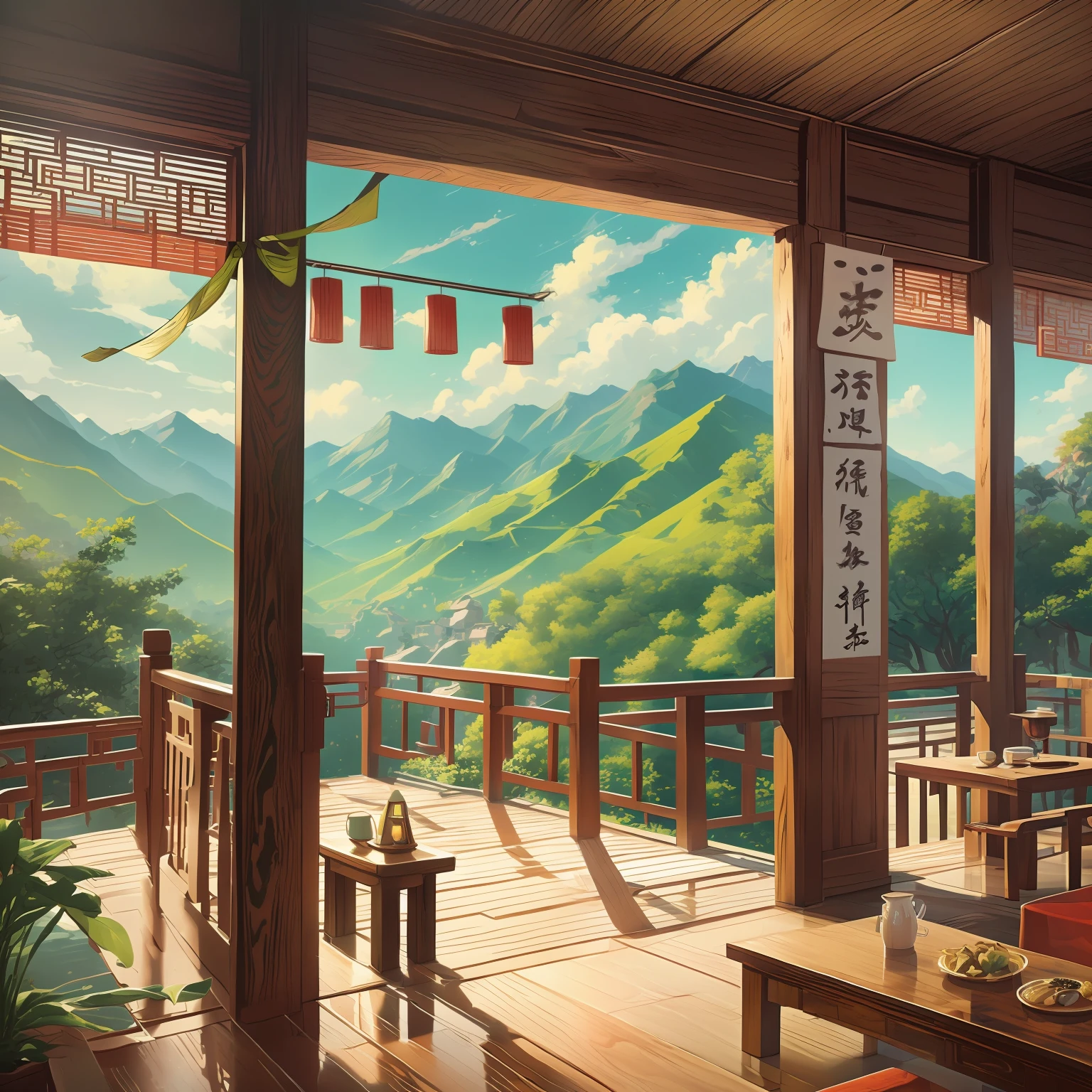 a restaurant with Chinese home furnishings, varanda redonda, profundidade, symmetrical design, ((Vigas de porta esculpidas antigas, Pinturas de vigas esculpidas, Mesas e Cadeiras, bonsai, porcelana, tree's, flor, Chinese lamps, bordado, Tecidos, Camas, Almofadas, cortinas de areia vermelha)), restaurante requintado, detalhes ricos, ancient Chinese Ming Dynasty style, ambiente tranquilo e elegante, red tones as the keynote, estilo de pintura requintado e suave, lighting effects (estilo visual do Studio Ghibli) --auto