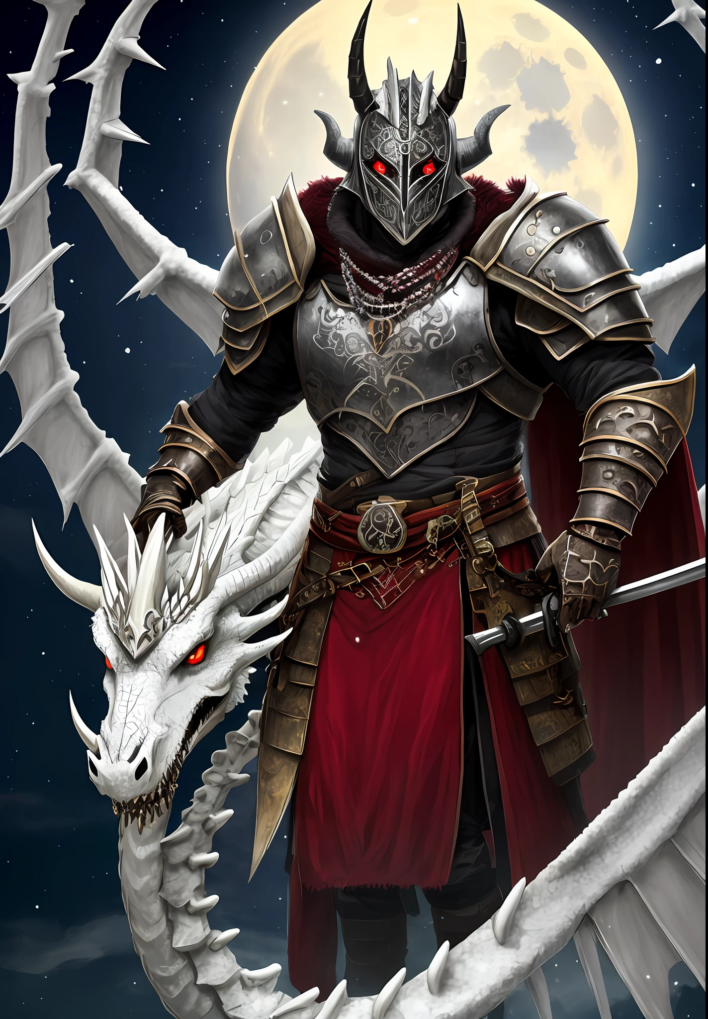 A dark Nordic cryomante,usando uma armadura draconiana e espada orc,com uma capa preta, olhos azuis, um cetro de gelo, um efeito de neve, an ice dragon in the background, um sorriso malicioso, a tattoo of runes on the arm and a necklace of bones, a shield in the other hand, a horned helmet and a full moon in the sky