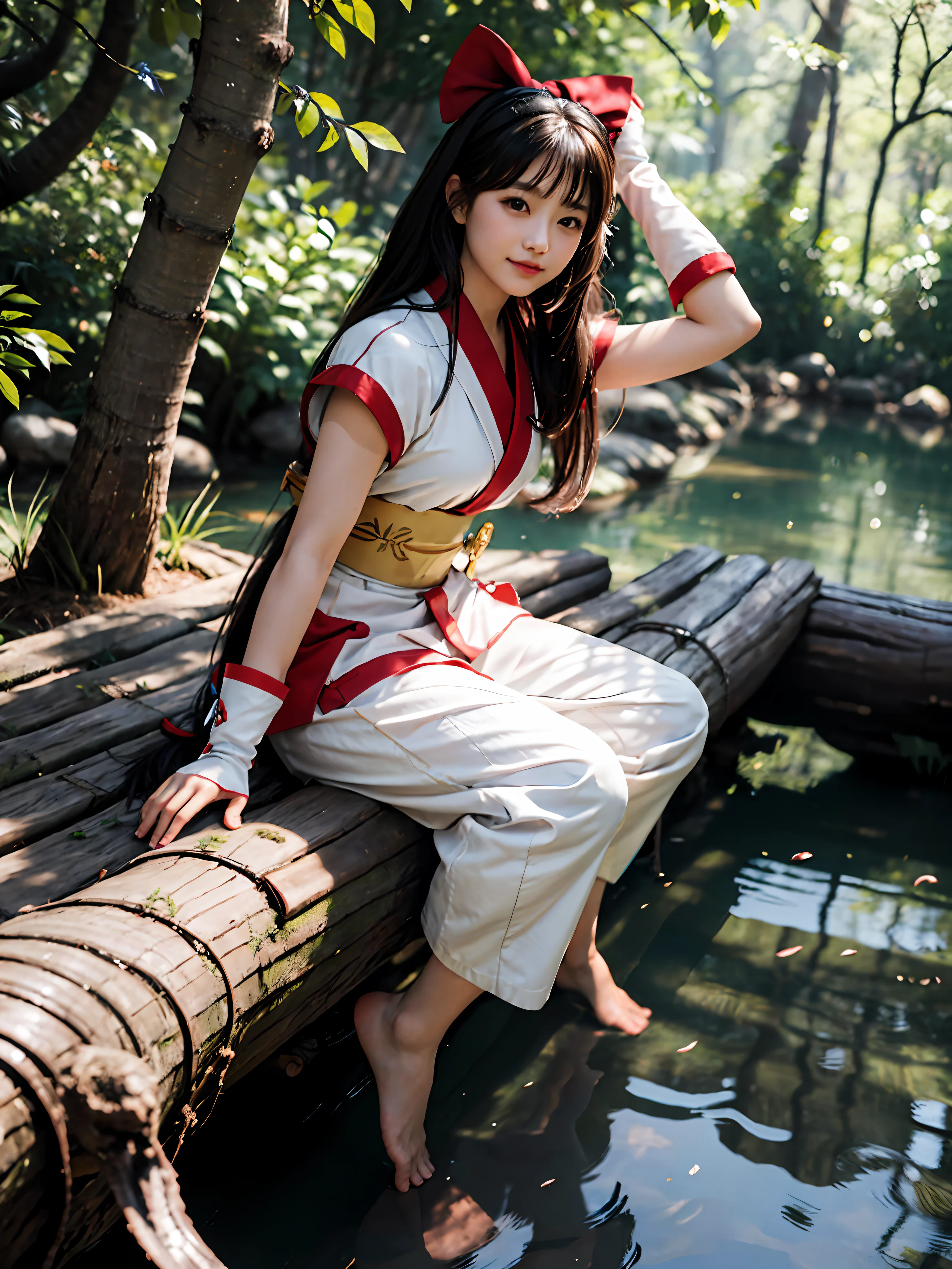 masterpiece, Best quality,1girl, sitting on a log, lake under a log, red bow, bow, long hair, hair bow, Ainu clothing, solo, hair band, bird, black hair, fingerless gloves, short sleeves, gloves, sash, pants, bangs, red hair band, weapon, chest, brown eyes, white pants, barefoot, toes, kimono, nakoruru, light smile, official art, from the front, from the bottom, (foot focus), ( Dynamic Angle), Nature Background, Samurai, Onmyoji Style, High Resolution, Dramatic Lighting and Shadows, Sun Flare, Blurred Foreground