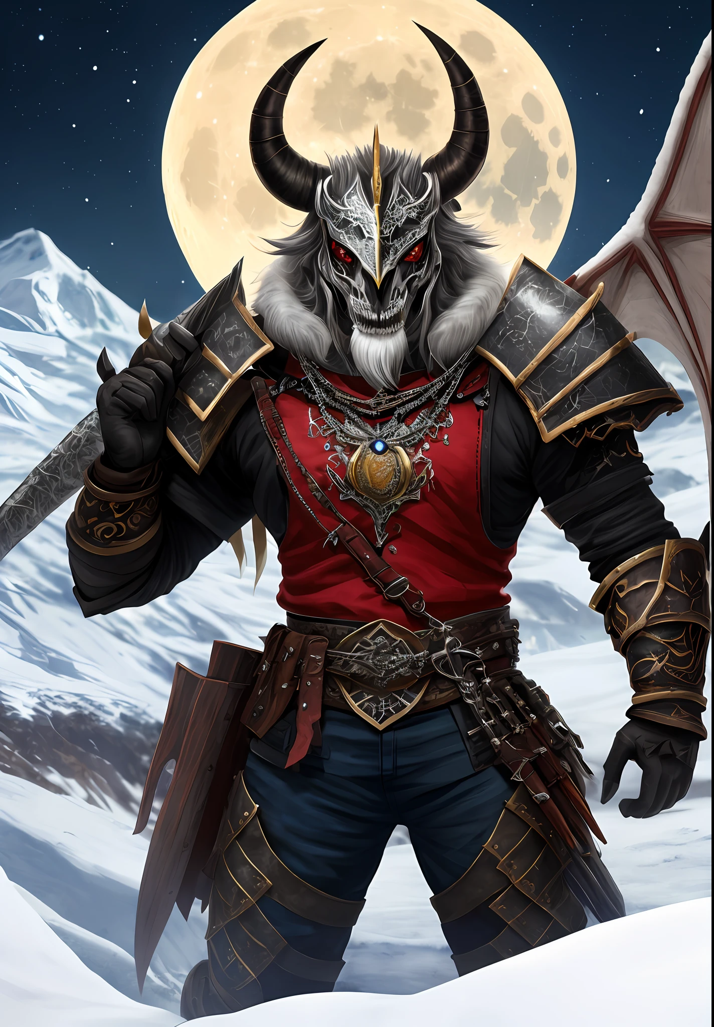 A dark Nordic cryomante,usando uma armadura draconiana e espada orc,com uma capa preta, olhos azuis, um cetro de gelo, um efeito de neve, an ice dragon in the background, um sorriso malicioso, a tattoo of runes on the arm and a necklace of bones, a shield in the other hand, a horned helmet and a full moon in the sky
