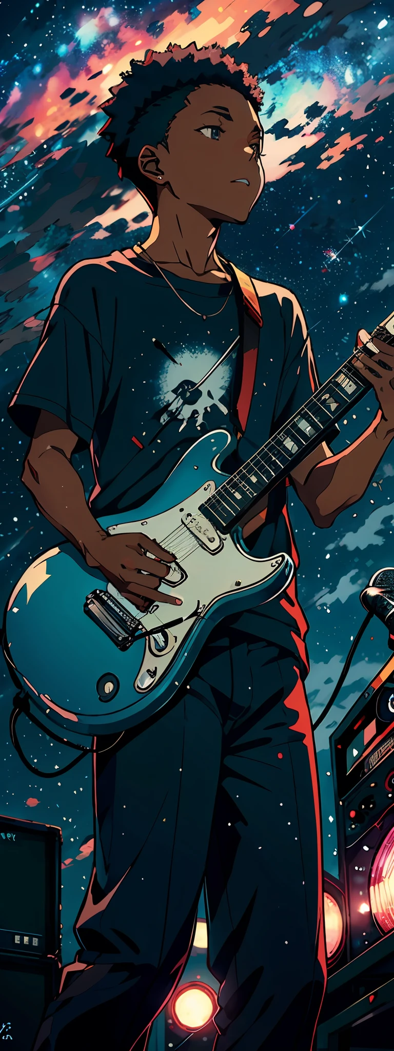 Anime, Black boy playing guitar on a stage with the starry sky