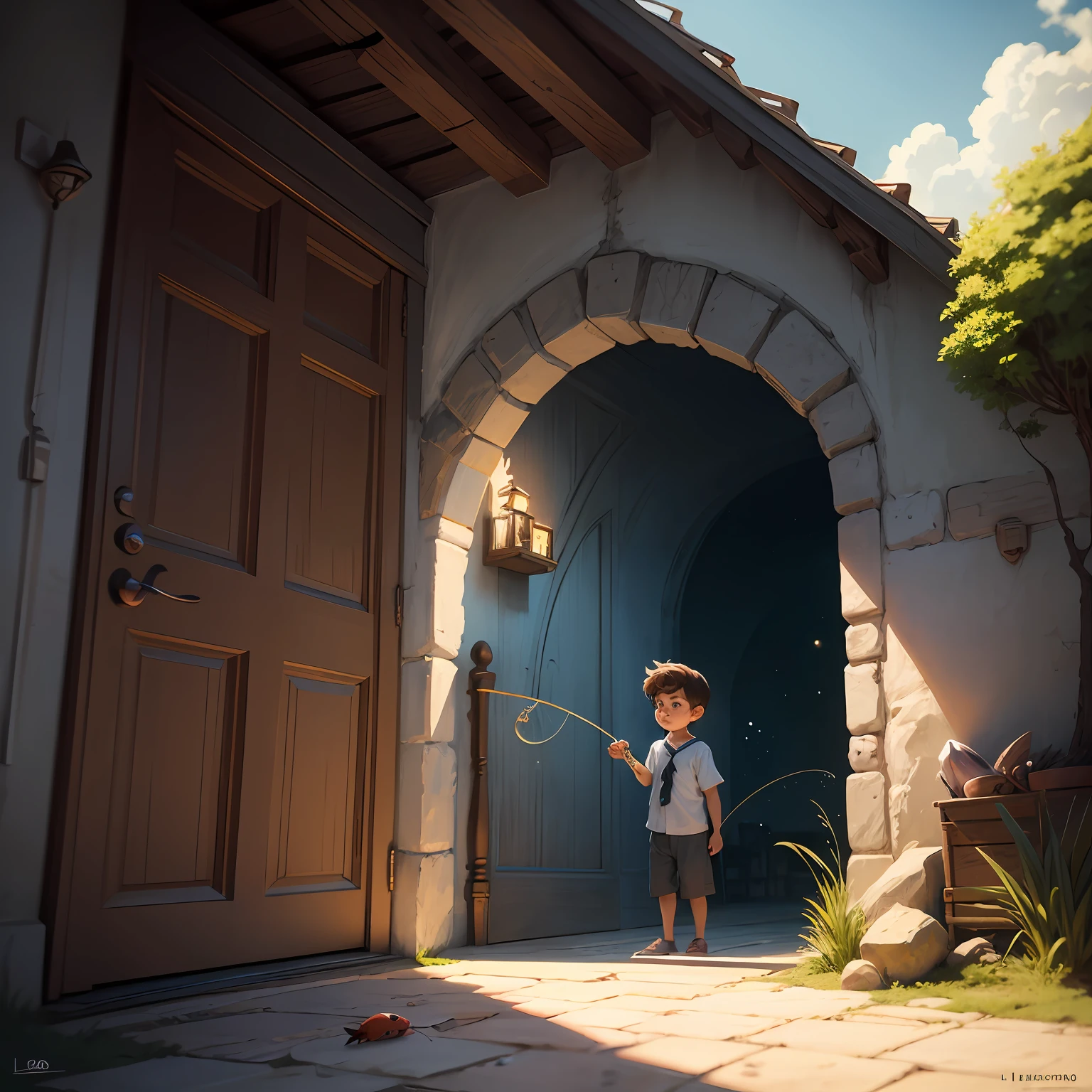 menino, 8 anos, desenho animado, Estilo Pixar, Pescador,no Magic World Lucas, A curious and imaginative boy, Discover a magical portal at the bottom of your closet 16:9 --auto