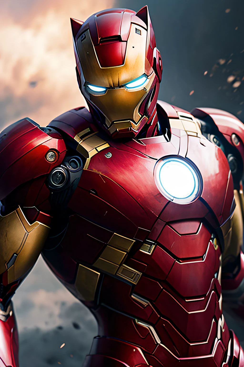 a cat (8k, foto RAW, melhor qualidade, obra-prima: 1.2), ultra-detalhado, arte formal, fotorrealismo: 1.37, parte superior do corpo disparado, Marvel Iron Man, movie grain, Action Pose
