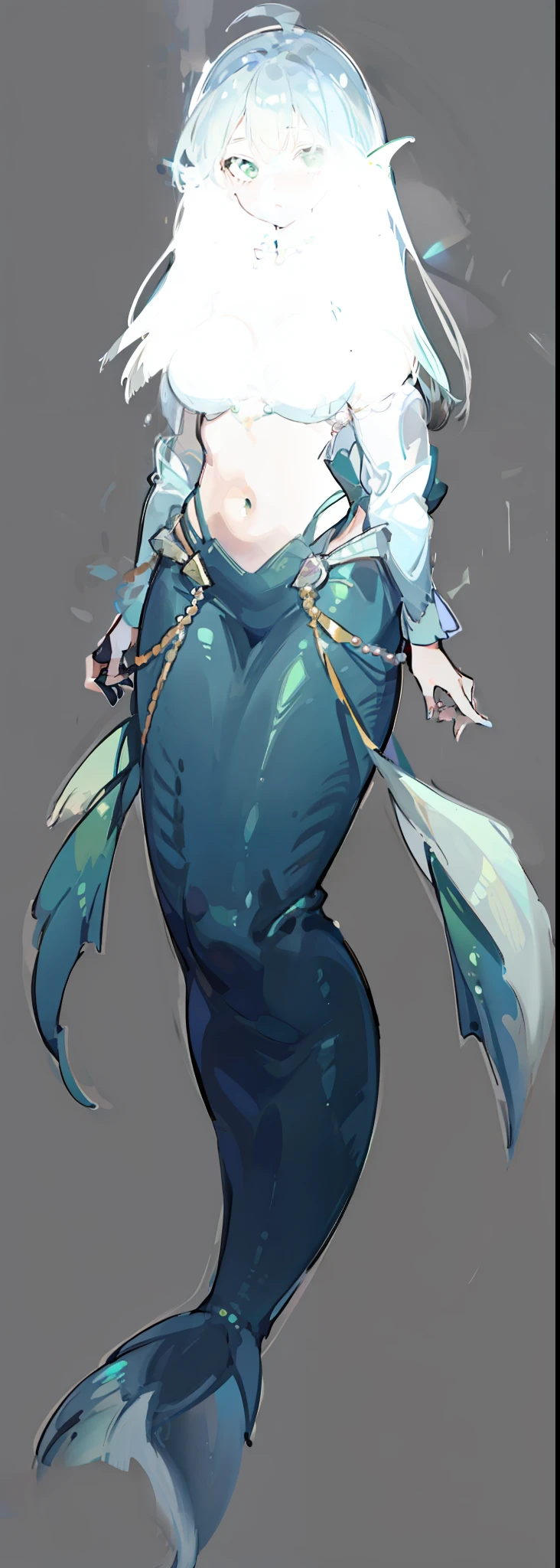 1character, female, mermaid, wearing pearl necklace, green eyes, black hair. (masterpiece:1.2), (best quality:1.3)