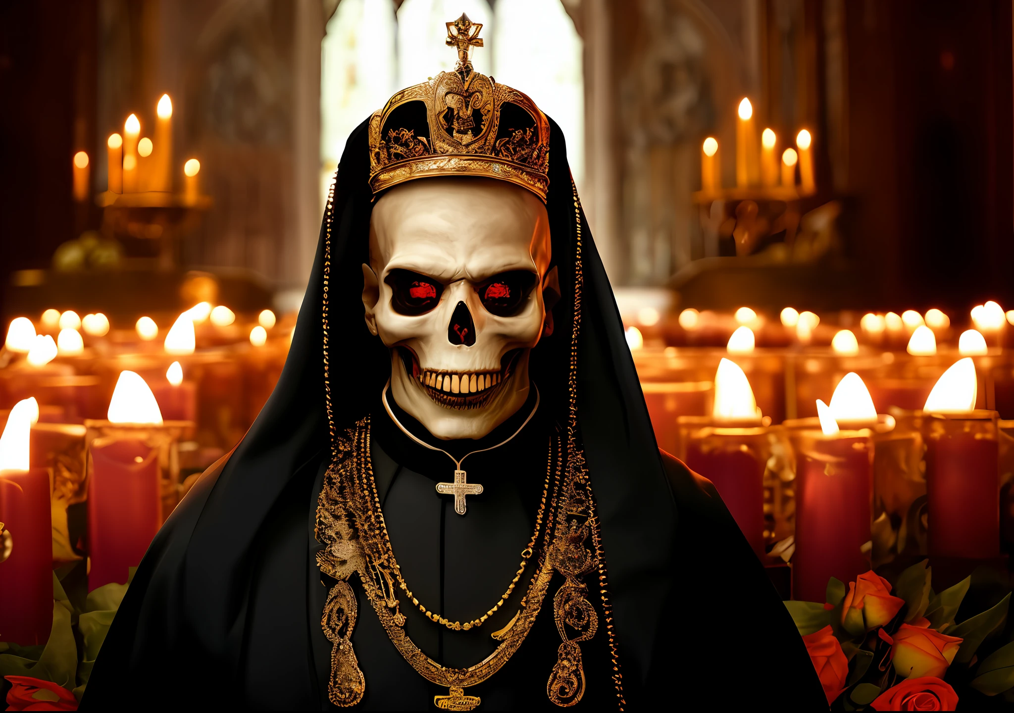 a waist up skull faced portrait of an evil demented CHV3CZombie, CHV3CReaper style zombie priest of death adorned in ornate royal black robes and a Papal tiara at a sinister crypt altar, candles, and roses, high resolution, award-winning picture in the style of the diablo video game franchise, centered, perfect composition, Professional, masterpiece, commissioned, best quality, Color Corrected, fixed in post, emended, ameliorated, idyllic