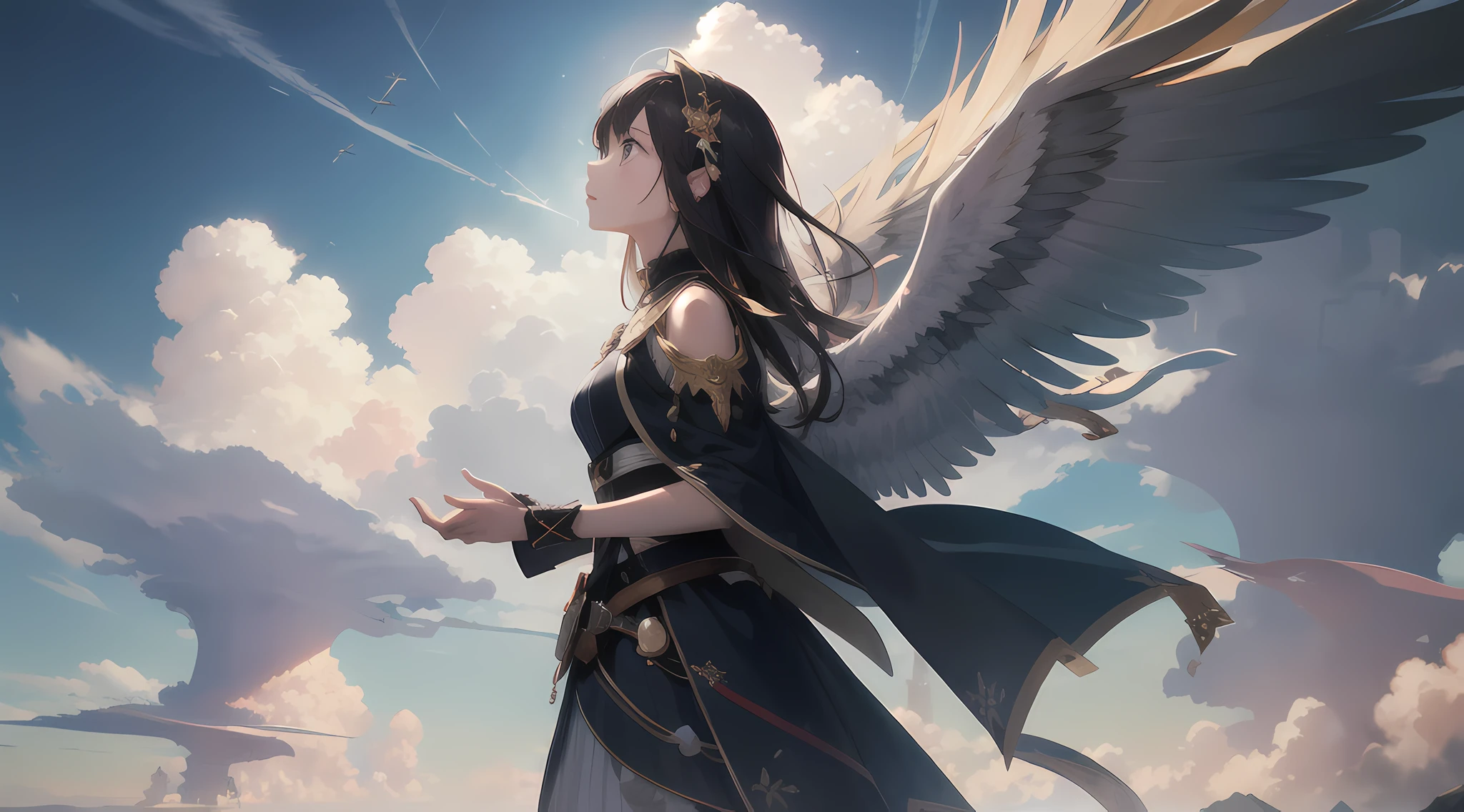 absurdres, highres, (official art, beautiful and aesthetic:1.2), close view,
shining sky, vast world, girl, gazing, awe-inspiring expression, distant horizon, clouds, high hill, natural beauty, inspiration, light effects,