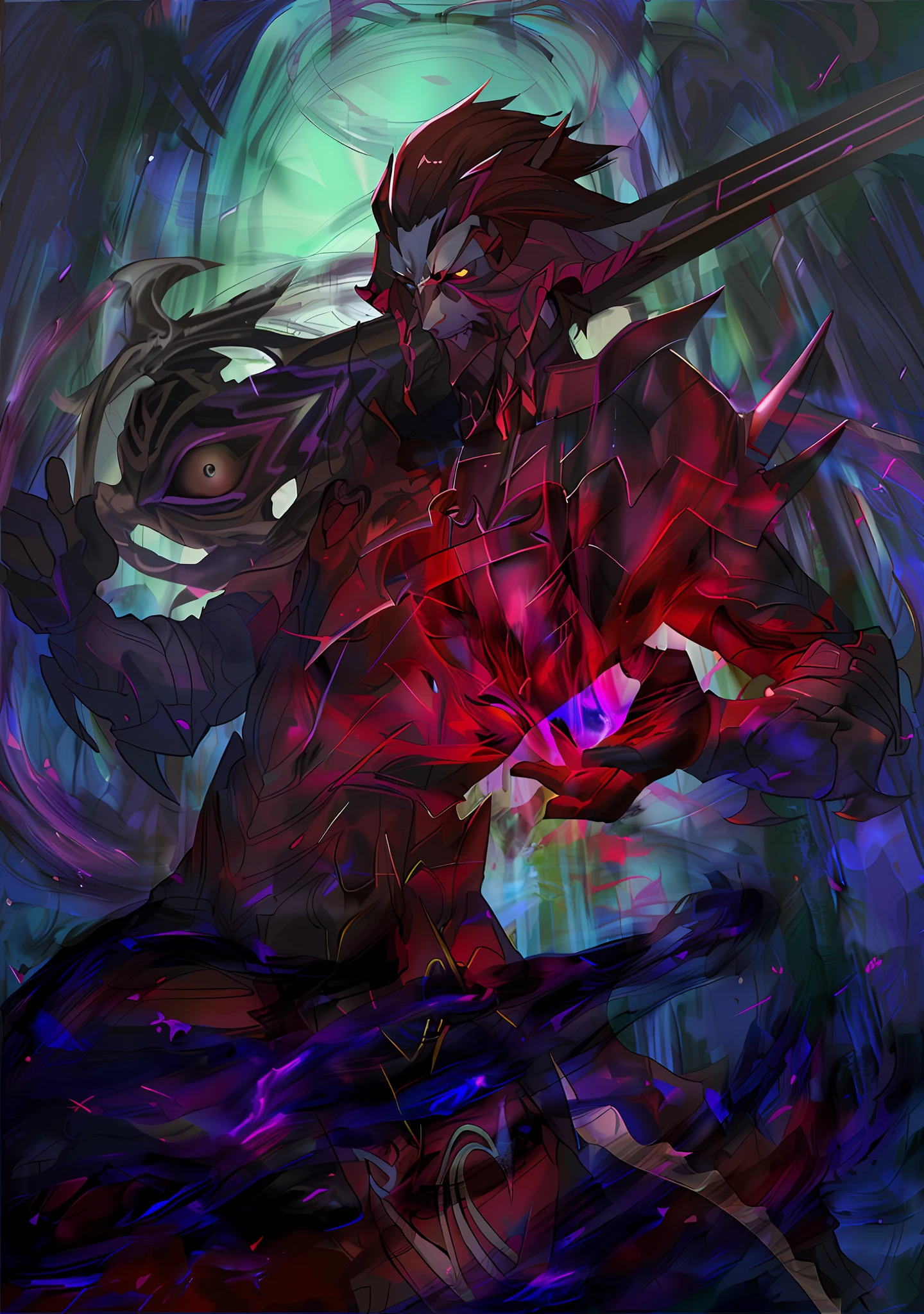 Anime character with a sword and a red suit, holding a mobile phone, 8 k hd wallpaperjpeg artifact, 8k hd wallpaperjpeg artifact, demon soul concept art, demon lord, Advanced Digital Anime Art ", twisted turn of fate abstraction, the former demon king, colorful muscular eldritch, detailed digital anime art, anime epic artwork, demon male