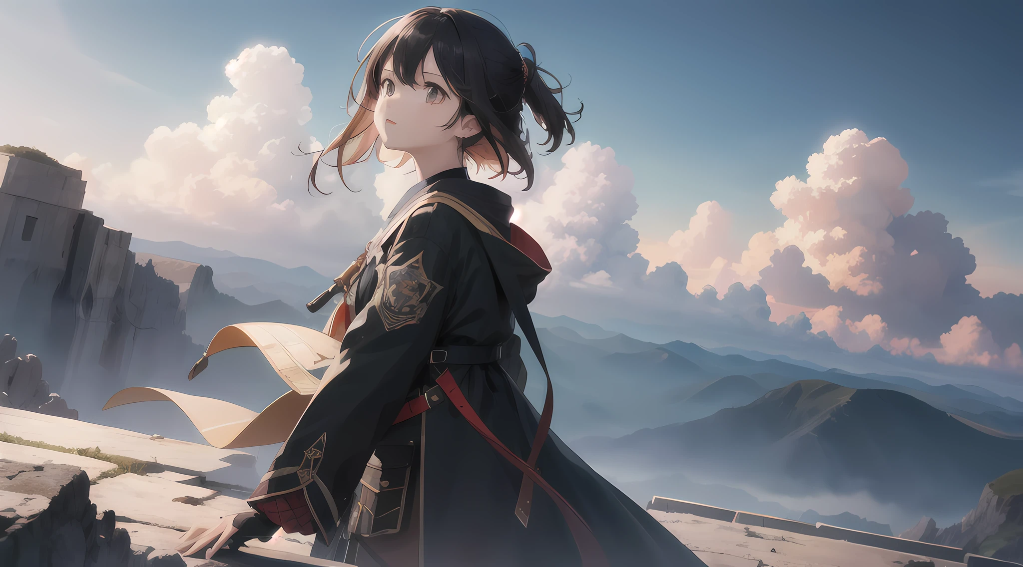 absurdres, highres, (official art, beautiful and aesthetic:1.2), close view,
shining sky, vast world, girl, gazing, awe-inspiring expression, distant horizon, clouds, high hill, natural beauty, inspiration, light effects,