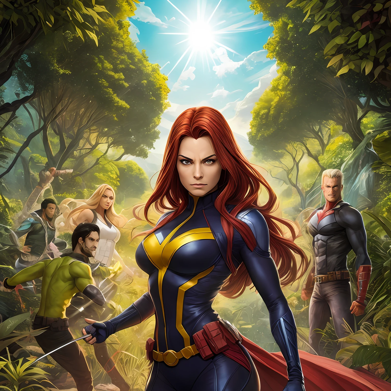 "Generate a fascinating image that depicts the Bible's Garden of Eden, But, with a special twist - the presence of X-Men mutants. The scene should show the beautiful paradise, com jardins exuberantes, leafy trees and a serene atmosphere. No centro da imagem, os mutantes do X-Men se encontram, displaying your unique powers. Wolverine is there, com suas garras de adamantium, portraying his strength and ferocity. Tempestade domina os elementos, controlando o clima com seus poderes mutantes. Cyclops shows his destructive optical vision with his glowing eyes. Magneto manipula os metais ao seu redor, Displaying your magnetic ability. Jean Grey usa sua telepatia e telecinese, emanating a powerful psychic glow. The Garden of Eden becomes a meeting place between divine beauty and changing evolution. The image should capture the harmony between nature and the extraordinary powers of mutants, Creating an epic and unique scene." --auto