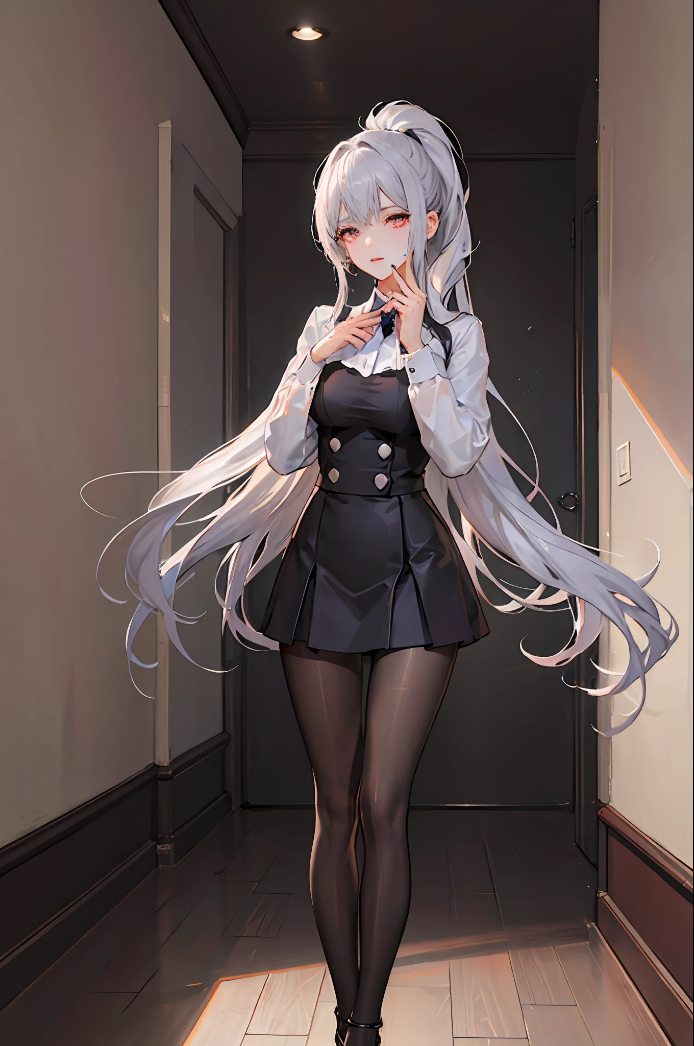 1 girl! Ray tracing, best shadows, highest resolution (dim lighting) detailed background (living room) fluffy silver hair, plump and slender girl, high ponytail in the ominous living room avoiding golden eyes (girl wearing white shirt, black wrinkled skirt, with black transparent pantyhose) showing a delicate slim figure and graceful curves, the position is correct and reasonable limbs! Put your hands behind your head, your fingers slender and slender! Dignified standing, facial details! The facial features are more delicate! Pay attention to the details of the position of the legs! Pay attention to hand details! Highest quality! More eligible! Reduce mistakes! The painting is more fine, ultra-detailed CG, and the picture is more reasonable! Add finger detail! Masterpiece, double eye details! Facial details optimized, limit the number of fingers! Finger optimization! Dynamic angles, intricate details: 1.2, clear focus, exquisite functionality! 8K wallpaper, top illustration, depth of field, delicate eyes, complete hands, no extra limbs