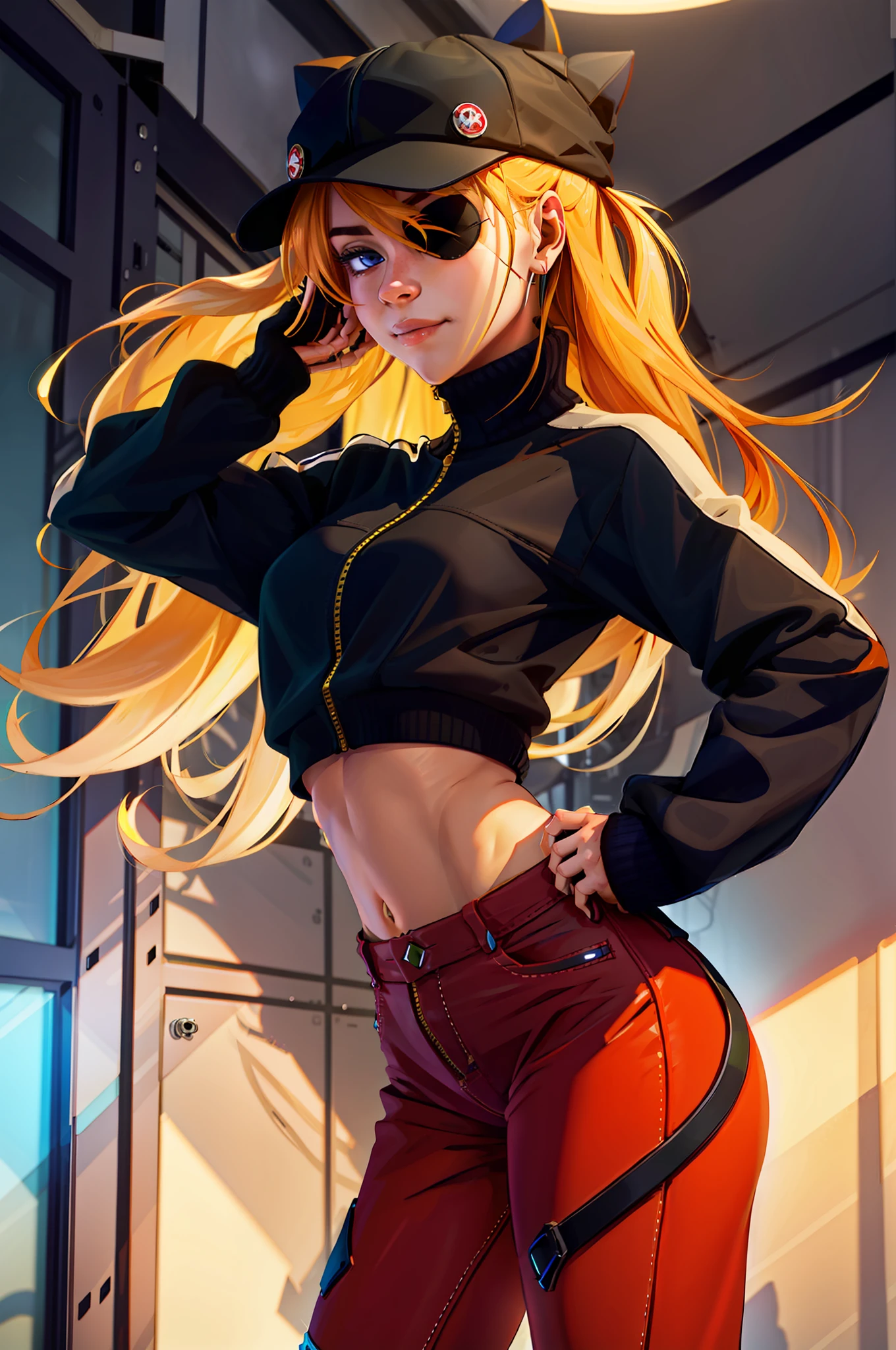 perfect eyes:1.2, detailed eyes:1.4, eyepatch, cat hat, ((Best quality)), ((masterpiece)), (detailed: 1.4), (Absurd),(Masterpiece, Best Quality:1.2), Solo, 1girl, souryuu asuka langley, Smirk, Looking at the Viewer, Realistic Eyes, Best Quality, Closed Mouth, Beautiful Lighting, Cinematic, 8K, Facial, red unzipped jacket, hands in pockets, croptop, short jeans, unreal 5
