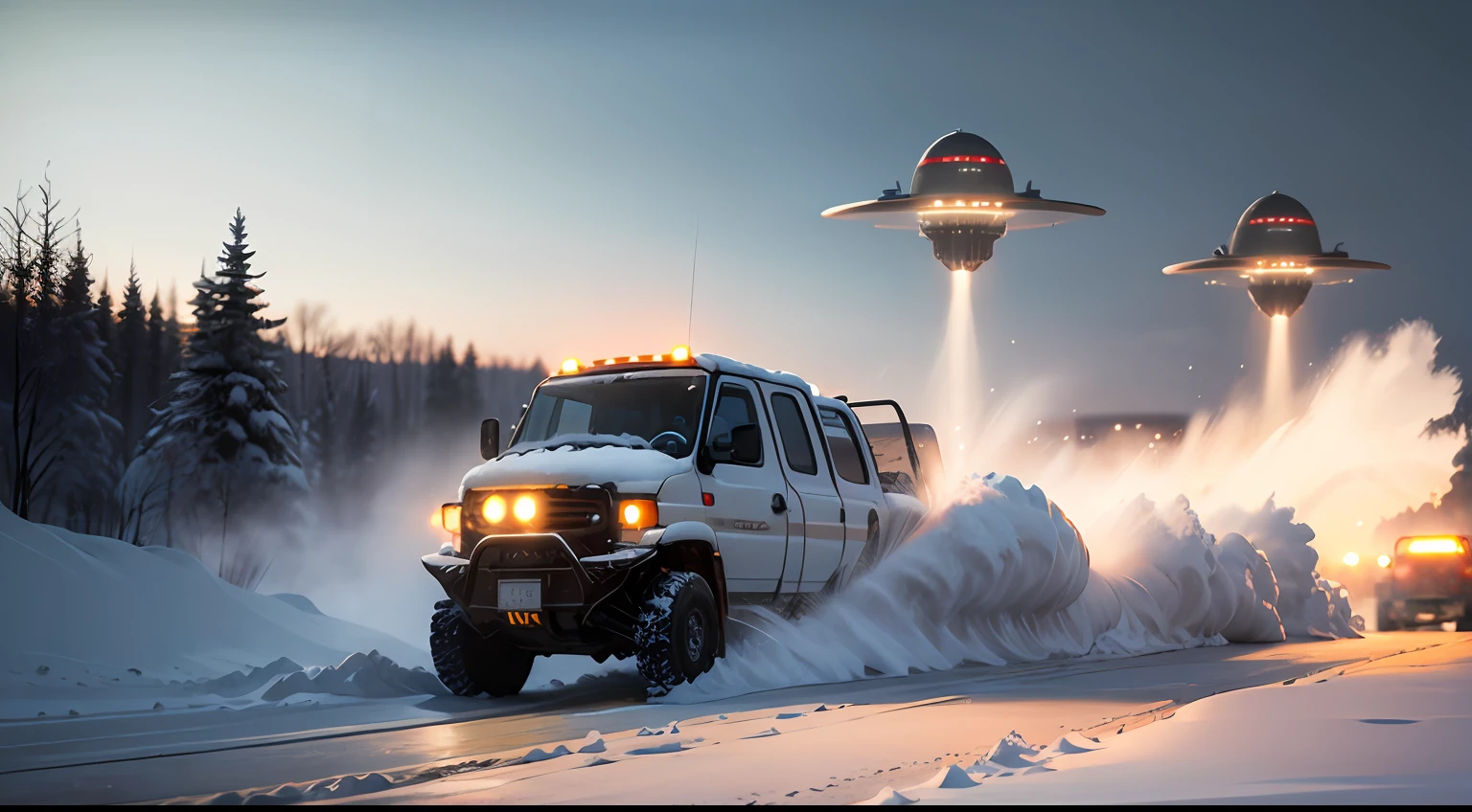 Hyper realistic, winterstorm, snow blowing, ufo landing, zone dark, 32k ULTRAHD