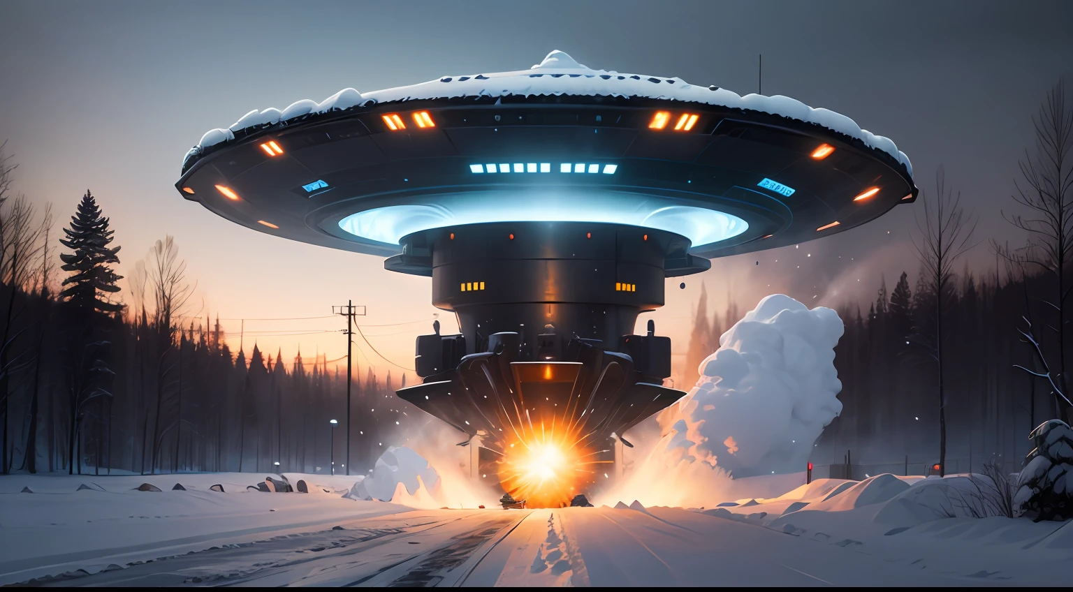 Hyper realistic, winterstorm, snow blowing, ufo landing, zone dark, 32k ULTRAHD