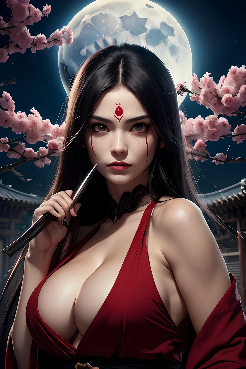 high quality fingers, normal hands, detailed fingers, masterpiece, (realistic, photo-realistic: 1.37), realistic, 1girl, long hair:1.5, black hair:1.2, red eyes:1.5, bright eyes, mortal kombat, ninja, weapons, kimono, dress,, large breasts, serene look, temple, meditation, ninja mask, cover half of face, demonic mask, reflection, moonlight, moon, cherry blossom, swords