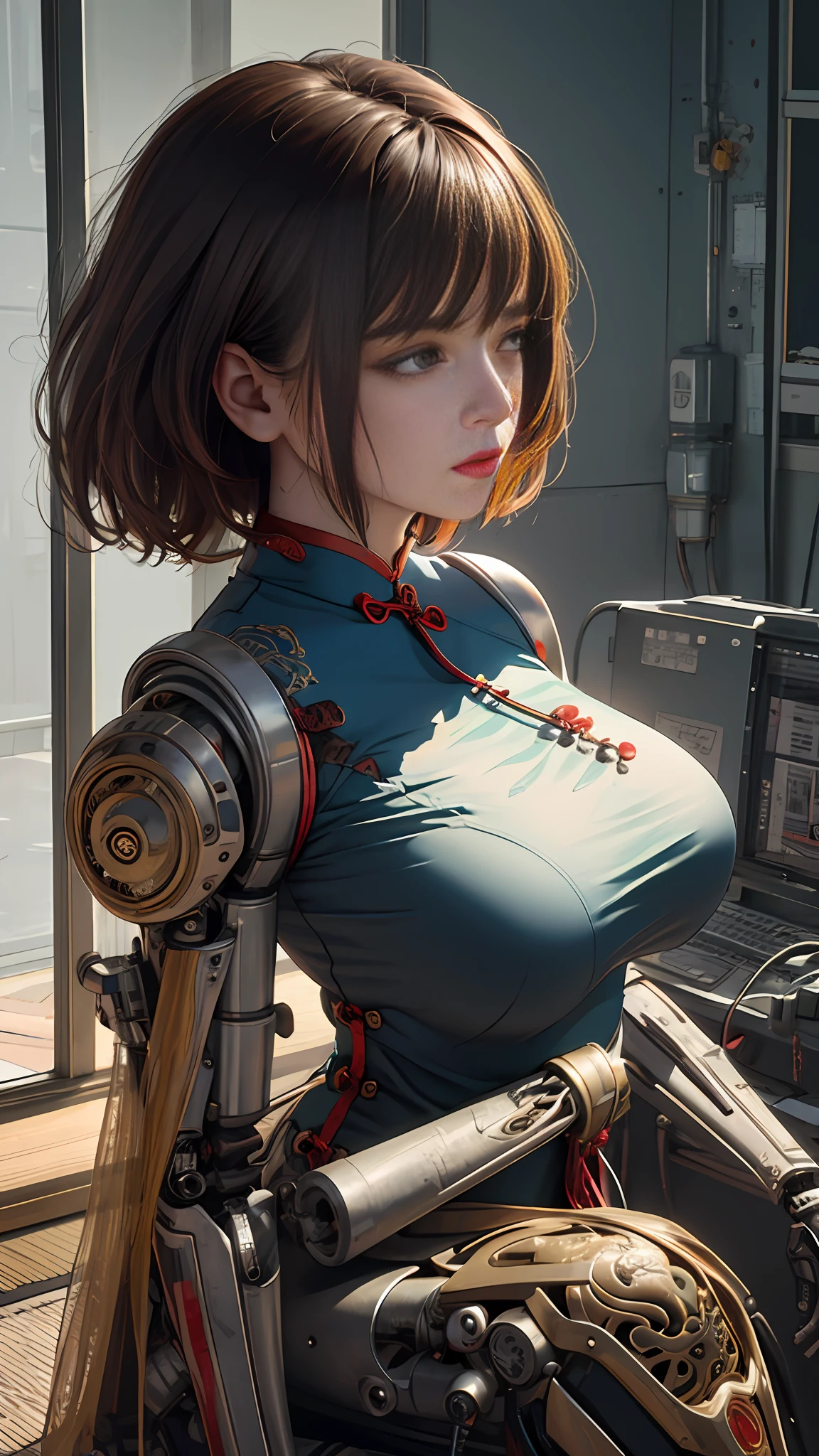 1 mechanical girl,((ultra realistic details)), portrait, global illumination, shadows, octane render, 8k, ultra sharp,metal,intricate, ornaments detailed, cold colors, japanese details, highly intricate details, realistic light, trending on cgsociety, glowing eyes, facing camera, neon details, machanical limbs,blood vessels connected to tubes,mechanical vertebra attaching to back,mechanical cervial attaching to neck,sitting,wires and cables connecting to head, (((Big boobs))), (((cheongsam)))