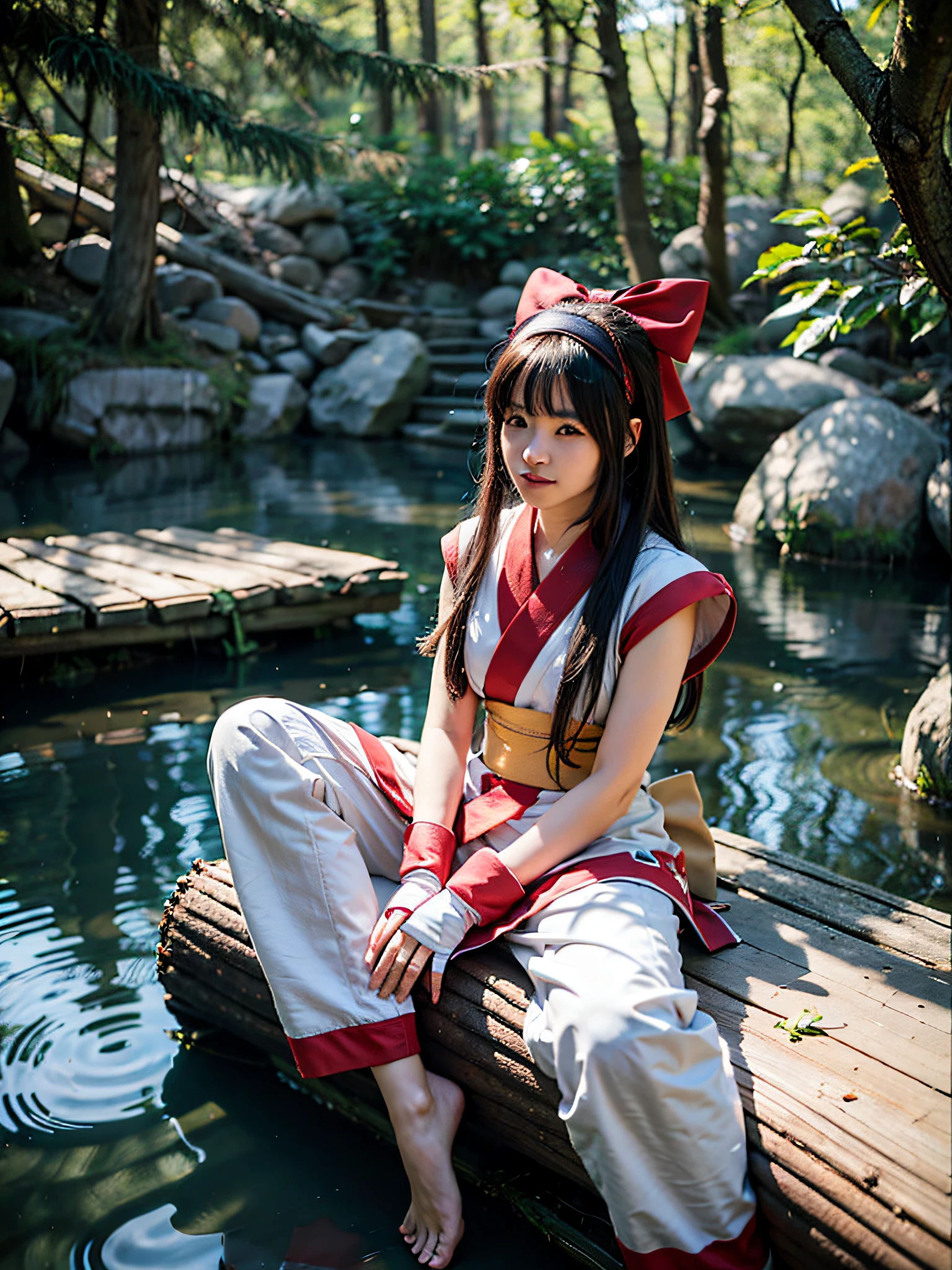 masterpiece, Best quality,1girl, sitting on a log, lake under a log, red bow, bow, long hair, hair bow, Ainu clothing, solo, hair band, bird, black hair, fingerless gloves, short sleeves, gloves, sash, pants, bangs, red hair band, weapon, chest, brown eyes, white pants, barefoot, toes, kimono, nakoruru, light smile, official art, from the front, from the bottom, (foot focus), ( Dynamic Angle), Nature Background, Samurai, Onmyoji Style, High Resolution, Dramatic Lighting and Shadows, Sun Flare, Blurred Foreground