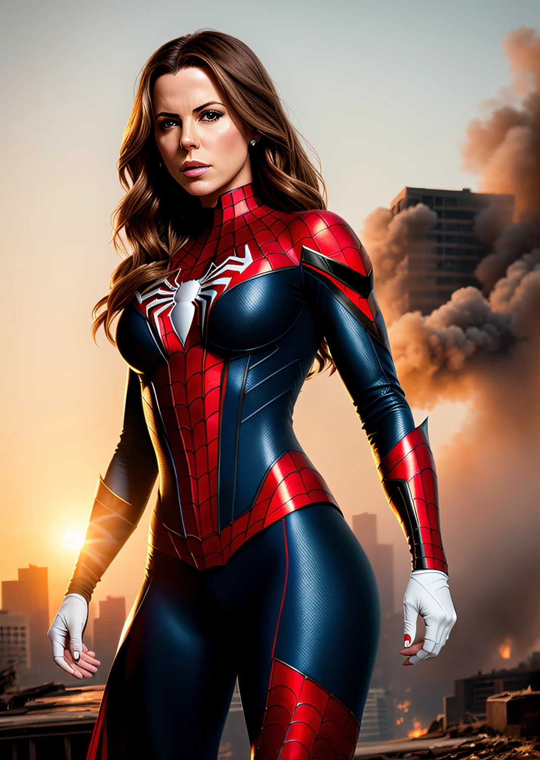 Kate Beckinsale in detailed brown Spider-Man costume, large breasts, superhero pose, standing in ruined city at sunset, hyperdetailed, smoke, sparks, sunbeams, (8k), realistic, symmetrical, award-winning, cinematic lightning, soaked, film, 75mm, scratches, full body shot, close-up, torn and dirty clothes, detailed face,