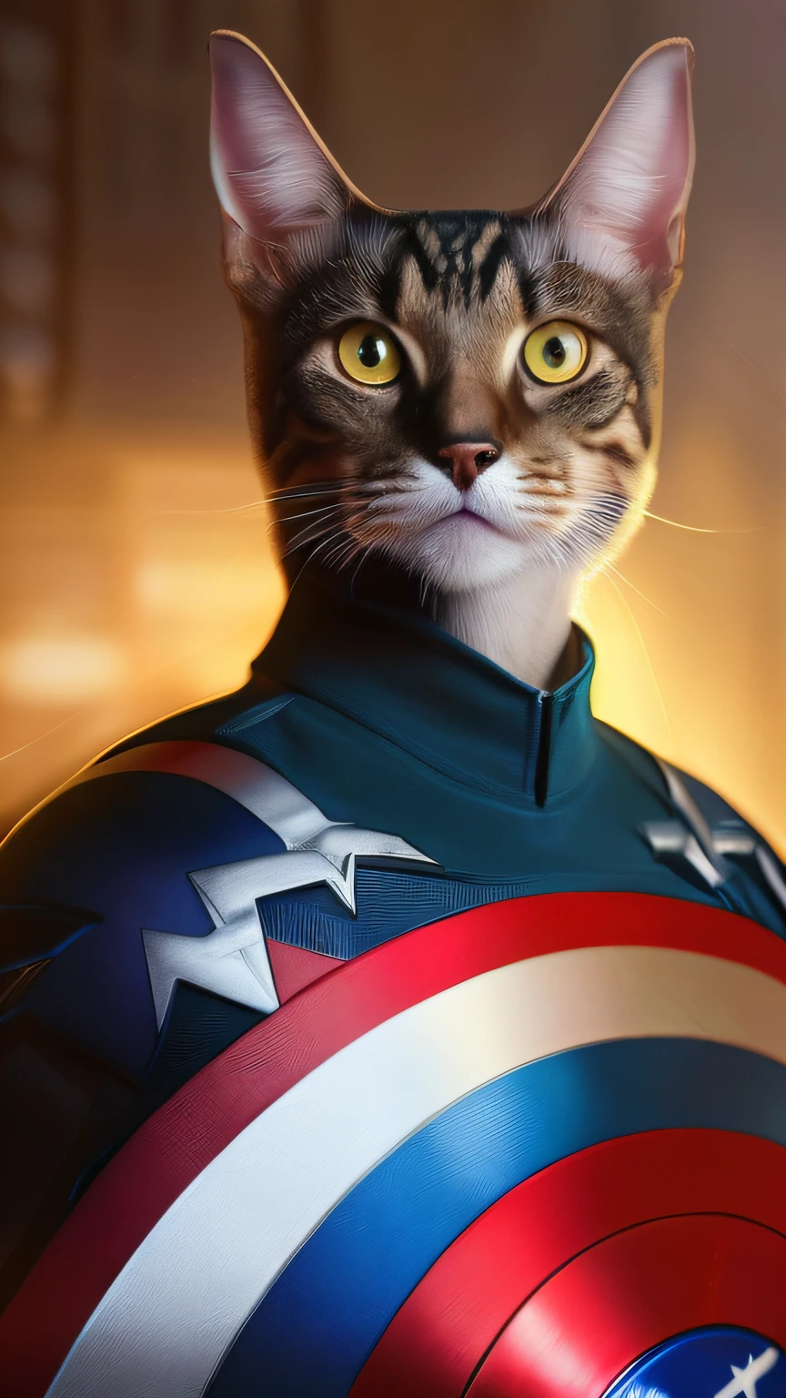 . Tarantino style a cat as Captain America 8k, highes definition, rosto detalhado, rosto detalhado, olhos detalhados, terno detalhado, estilo Marvel e DC, hiper-realista, + Film shot + dynamic compositing, incrivelmente detalhado, nitidez, detalhes + soberbo detalhes + noite com luz + perfeccionismo + realismo premiado ((ambient lighting))