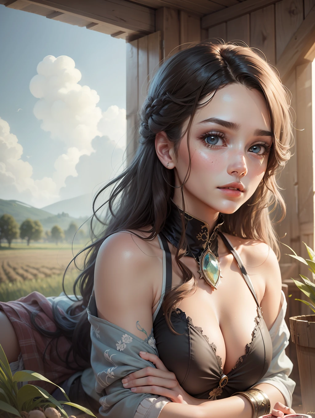 Immerse yourself in the rustic charm of farm life as you create a beautiful and realistic image of a girl working in a vast field, surrounded by cows. Showcase the serene countryside ambiance, capturing the girl's dedication and connection to the land as she tends to the animals and nurtures the agricultural bounty. ray trace, (brightening light:1.2), (Increase quality:1.4), (best quality real texture skin:1.4), finely detailed eyes, finely detailed face, finely quality eyes, (tired and sleepy and satisfied:0.0), beautiful clothes, (Increase body line mood:1.1), (Increase skin texture beauty:1.1) (full-body)