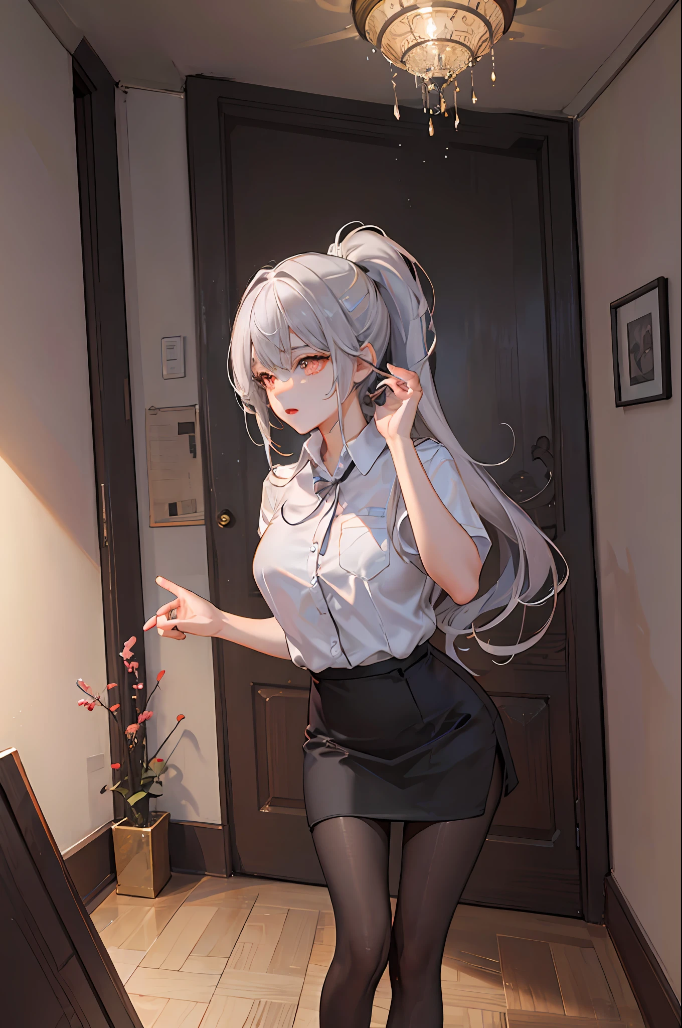 1 girl! Ray tracing, best shadows, highest resolution (dim lighting) detailed background (living room) fluffy silver hair, plump and slender girl, high ponytail in the ominous living room avoiding golden eyes (girl wearing white shirt, black wrinkled skirt, with black transparent pantyhose) showing a delicate slim figure and graceful curves, the position is correct and reasonable limbs! Put your hands behind your head, your fingers slender and slender! Dignified standing, facial details! The facial features are more delicate! Pay attention to the details of the position of the legs! Pay attention to hand details! Highest quality! More eligible! Reduce mistakes! The painting is more fine, ultra-detailed CG, and the picture is more reasonable! Add finger detail! Masterpiece, double eye details! Facial details optimized, limit the number of fingers! Finger optimization! Dynamic angles, intricate details: 1.2, clear focus, exquisite functionality! 8K wallpaper, top illustration, depth of field, delicate eyes, complete hands, no extra limbs
