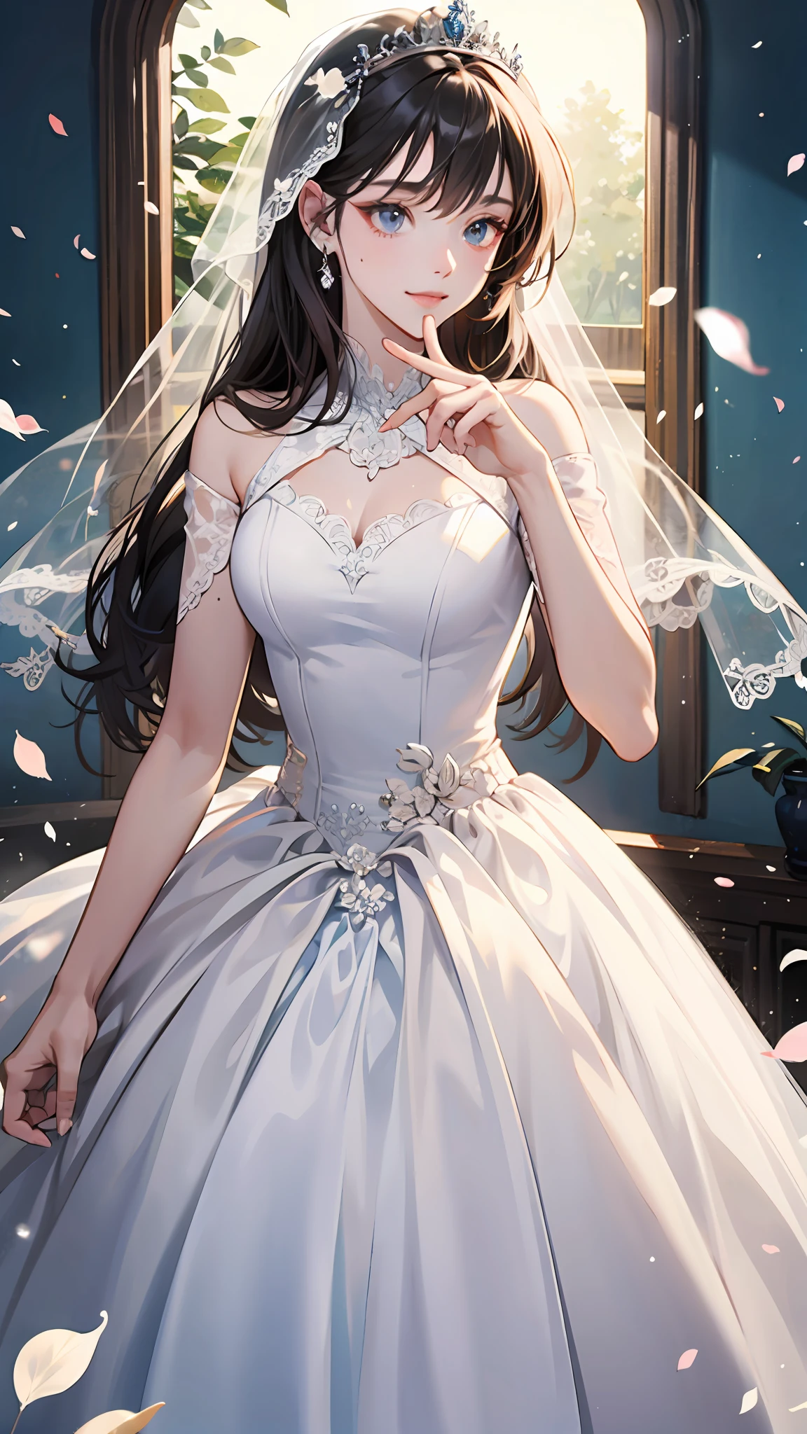 ((best quality)), ((masterpiece)) WEDDING PRINCESS DRESS, light ray, lens flare, white petals, long coated cat, exotic