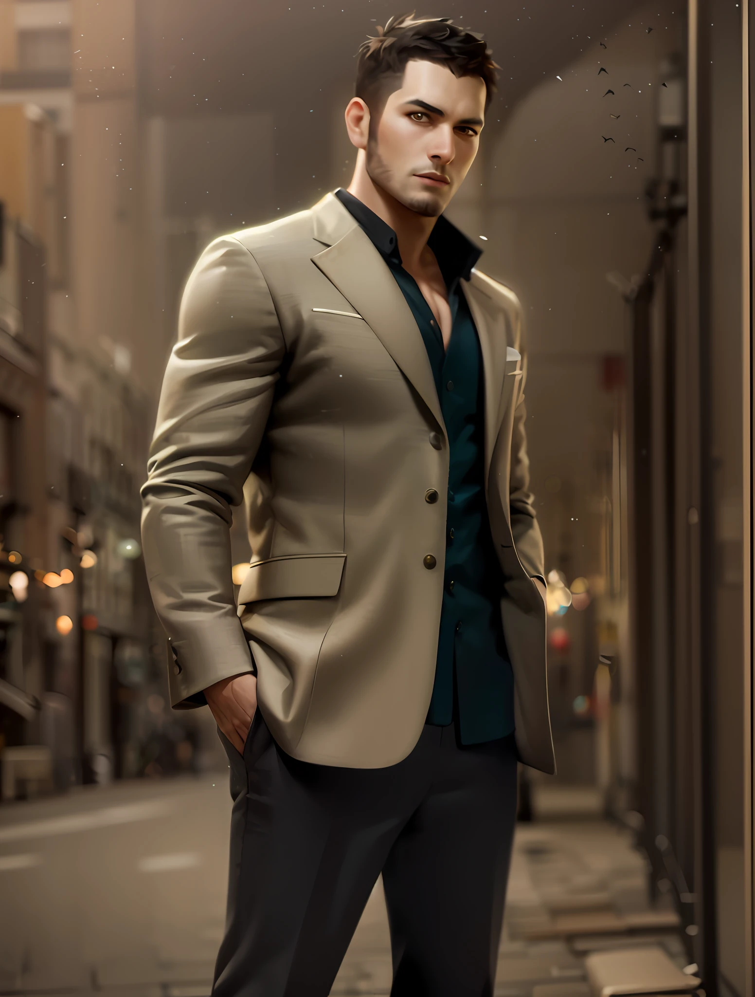 arafed man in a suit standing in a city street, masculine appeal high fashion, Handsome man, Handsome men, handsome and elegant, Handsome stunning realistic, masculine and handsome, digital art of an elegant, handsome and attractive, Stylish suit, male character, masculine pose, elegant digital painting, style of marcin blaszczak, attractive man, masculine proportions