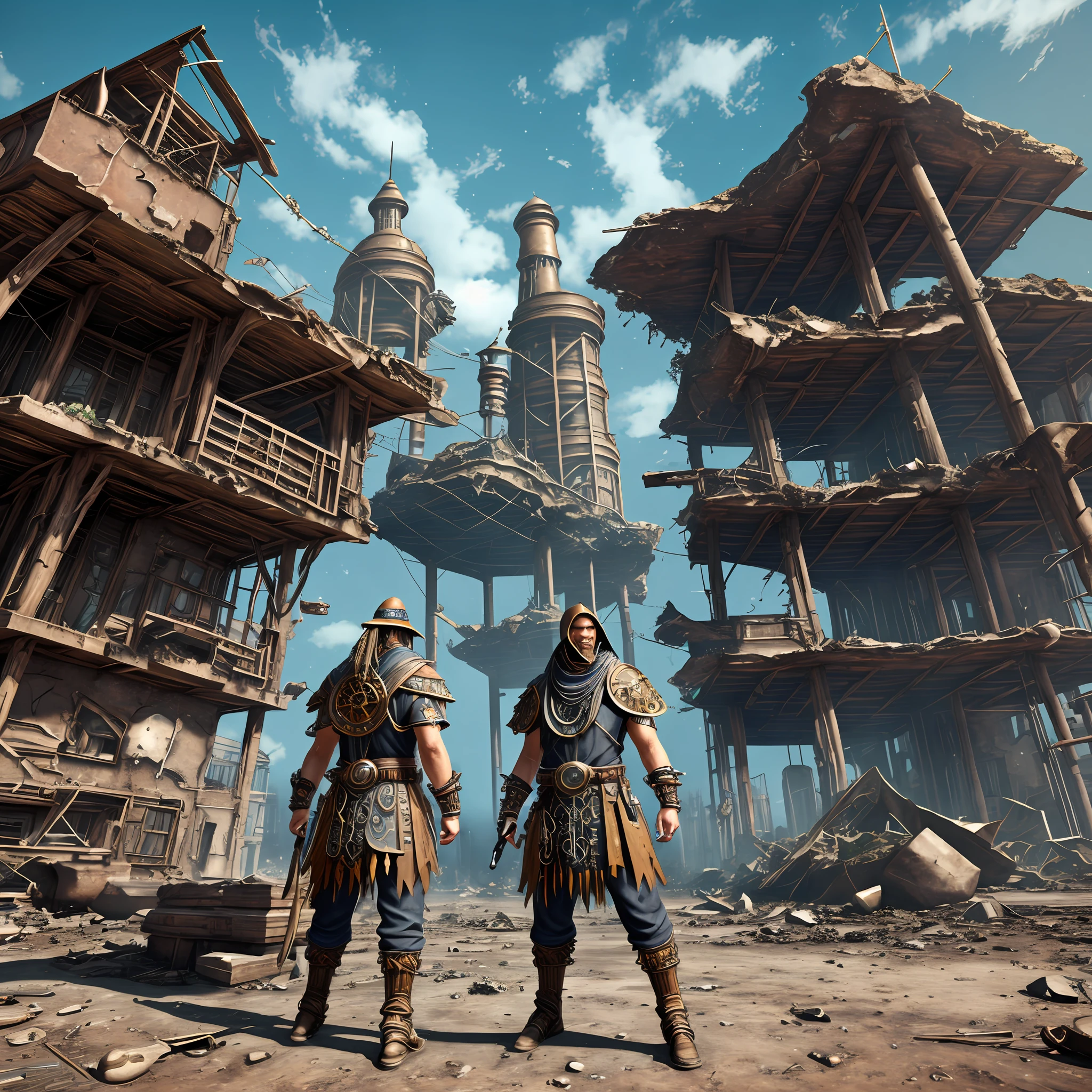 Futuristic, steampunk shaman, infront of an apocalyptic ruin --auto