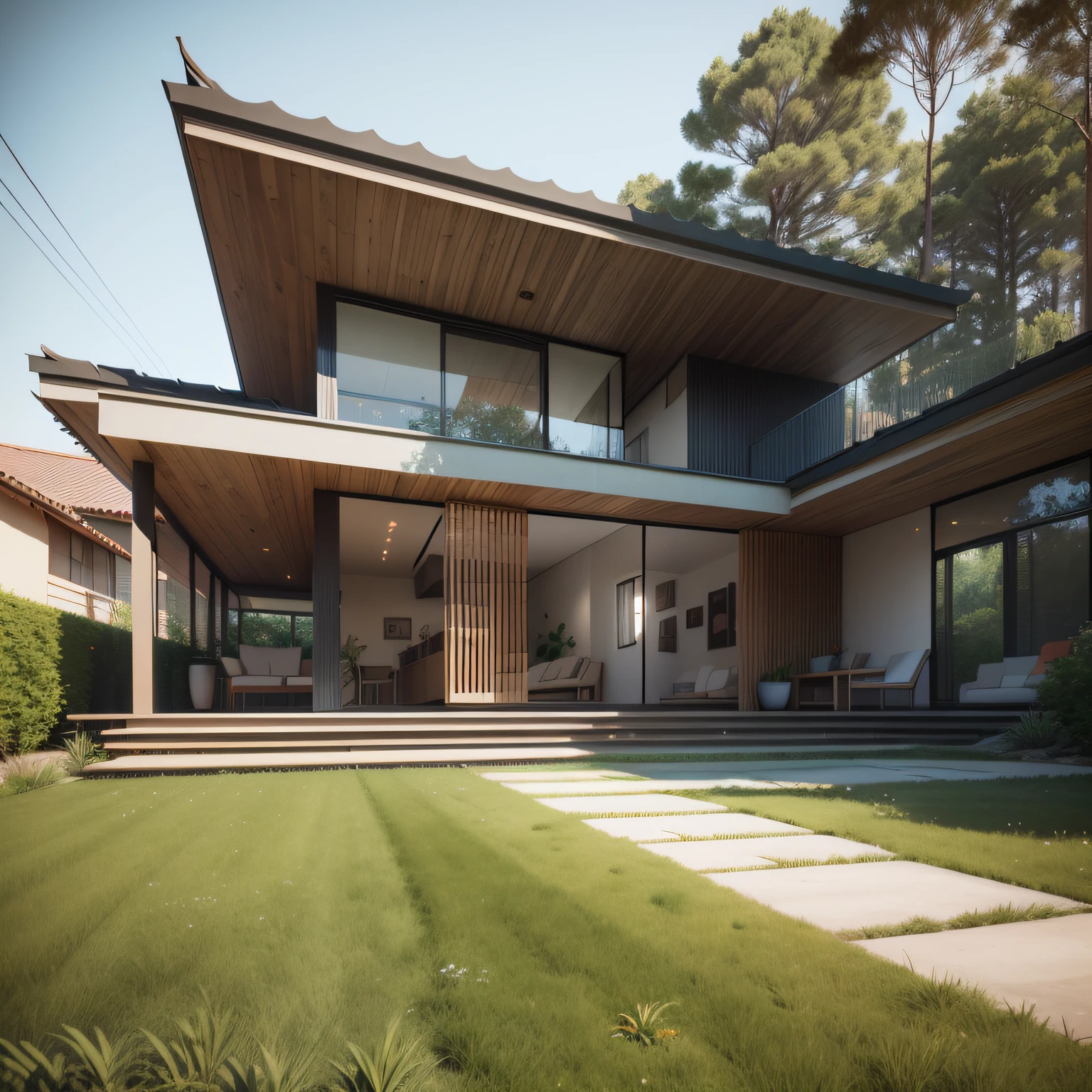 cinematic realistic photo, altamente detalhado, Futuristic, Impresso em 3D, Large lawn with pine trees around the geometric construction, modern villa style architecture inspired by Tadao Ando architectural, with artificial lighting, different kinds of vegetation landscaping, luz do dia, exotic, Nevoento, Octane render, maximum render detail