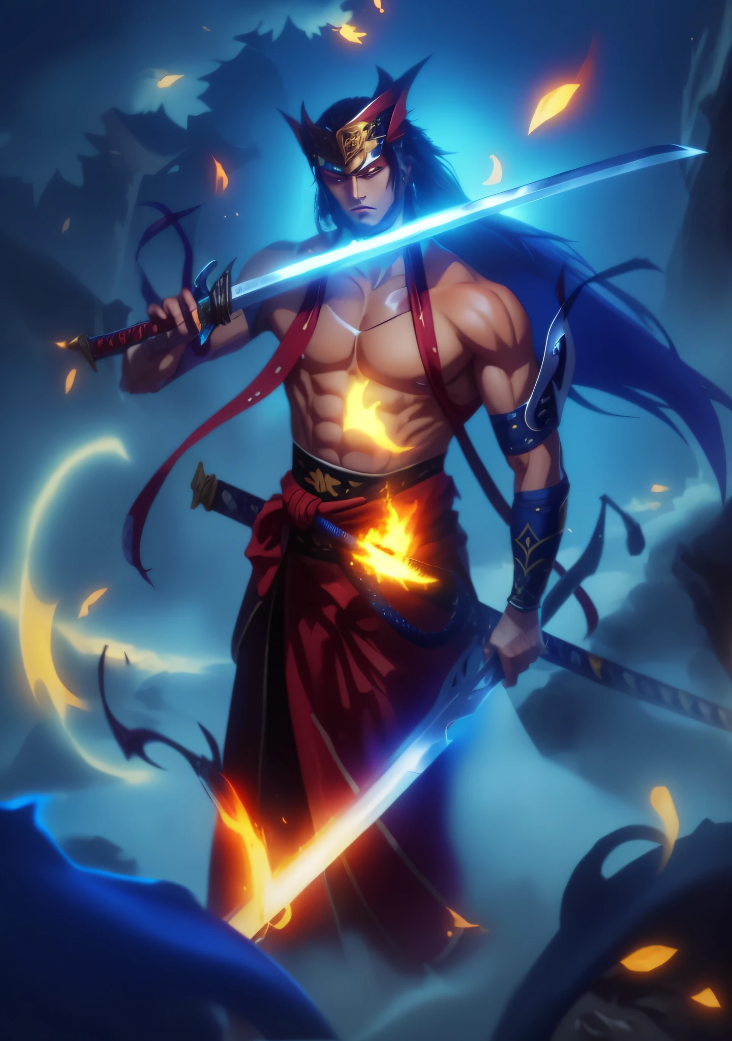 Um Homem ( bonito, com chamas azuis nos olhos)  samurai with 2 swords one with thunder element and one with fire element