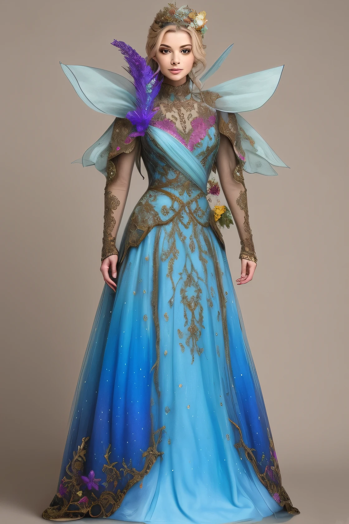 uma mulher em um vestido azul com um traje de fada em, figurino intrincado, vestido de fantasia, magic robe, figurino premiado, Roupas coloridas ricas da fantasia, traje com detalhes azuis, Vestido de fantasia intrincado, senhora com vestido de flores brilhantes, traje bonito, Amelie Child Villiers como uma fada, traje de fantasia,