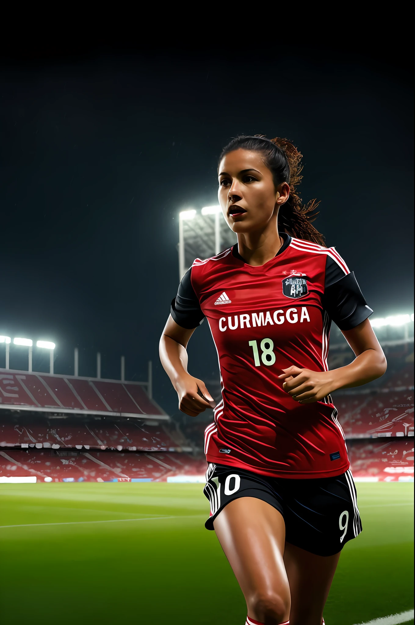 Athletic woman soccer player, usanda a camisa do clube de regatas do Flamengo,correndo,sob forte chuva , football stadium background,hiper detalhado, Incredible realism,8k