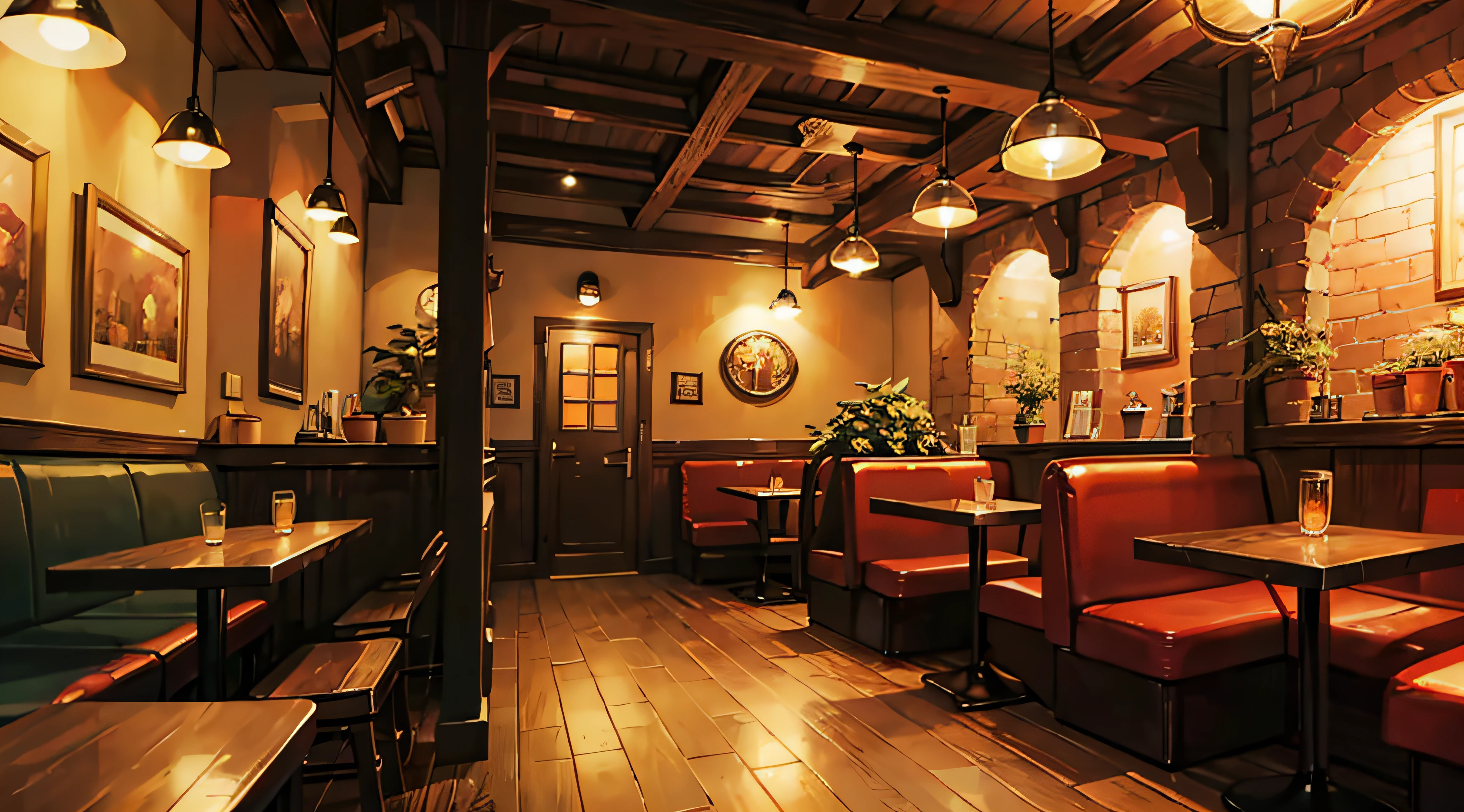 cafe interior, pleasant cozy atmosphere, coffee shop, cosy atmosphere, cafes, warm and joyful atmosphere, a wide full shot, Nostalgic atmosphere, warm lighting inside, cosy atmosphere, a multidimensional cozy tavern, warmly lit posh study, brightly lit - style atmosphere, dimly-lit cozy tavern