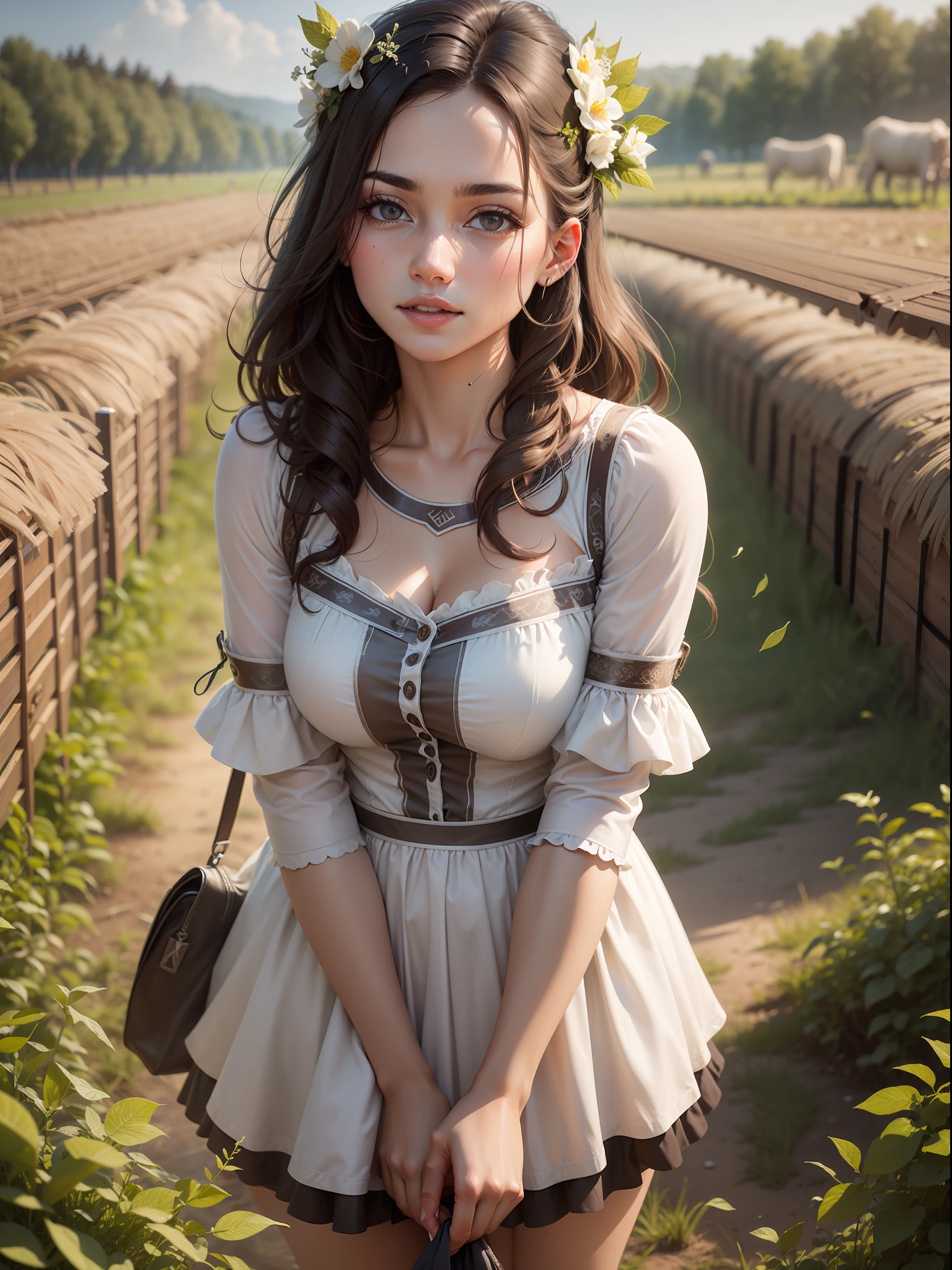 Immerse yourself in the rustic charm of farm life as you create a beautiful and realistic image of a Woman working in a vast field, surrounded by cows. Showcase the serene countryside ambiance, capturing the girl's dedication and connection to the land as she tends to the animals and nurtures the agricultural bounty. ray trace, (brightening light:1.2), (Increase quality:1.4), (best quality real texture skin:1.4), finely detailed eyes, finely detailed face, finely quality eyes, (tired and sleepy and satisfied:0.0), beautiful clothes, (Increase body line mood:1.1), (Increase skin texture beauty:1.1) (full-body)