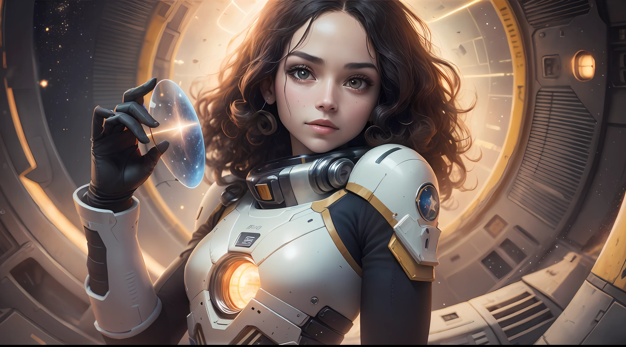 panoramic, a black-skinned girl with curly hair in the foreground floats inside a large gravitational capsule, Dynamic angle, (sonrisa perfecta, Ojos brillantes realistas, cuerpo perfecto, cuerpo completo, brazo derecho abierto, Abre la mano derecha con 5 dedos perfectos, brazo izquierdo abierto, Abrir la mano izquierda con 5 dedos perfectos, Pierna derecha separada con pie derecho perfecto, pierna izquierda estirada con pie izquierdo perfecto, Rodillas perfectas, Codos perfectos, Cuello perfecto, small hip, small breasts: 0.8), Max Quality, golden ratio, (small space objects in the background: 1.2), (((2 naves espaciales, 3 planetas y 1 sol en el fondo: 0.5))), retrato de anime Space Cadet Girl, from a 2 0 1 9 sci fi 8 k movie, Zoe Kravitz astronauta futurista, 8K movie still, still 8K movie, Zoe Kravitz como astronauta, en traje espacial, Chica en el espacio, Renderizado horizontal 8K, Hermosa chica en traje espacial, amplitud, Plan General, Kinematic, Fotorrealismo, Film grain, anamorphic, (Sin gravedad: 1.8), splendid, lechoso, Piel altamente detallada, Detalles realistas de la piel, poros visibles, lomography, Translucent, Max Quality