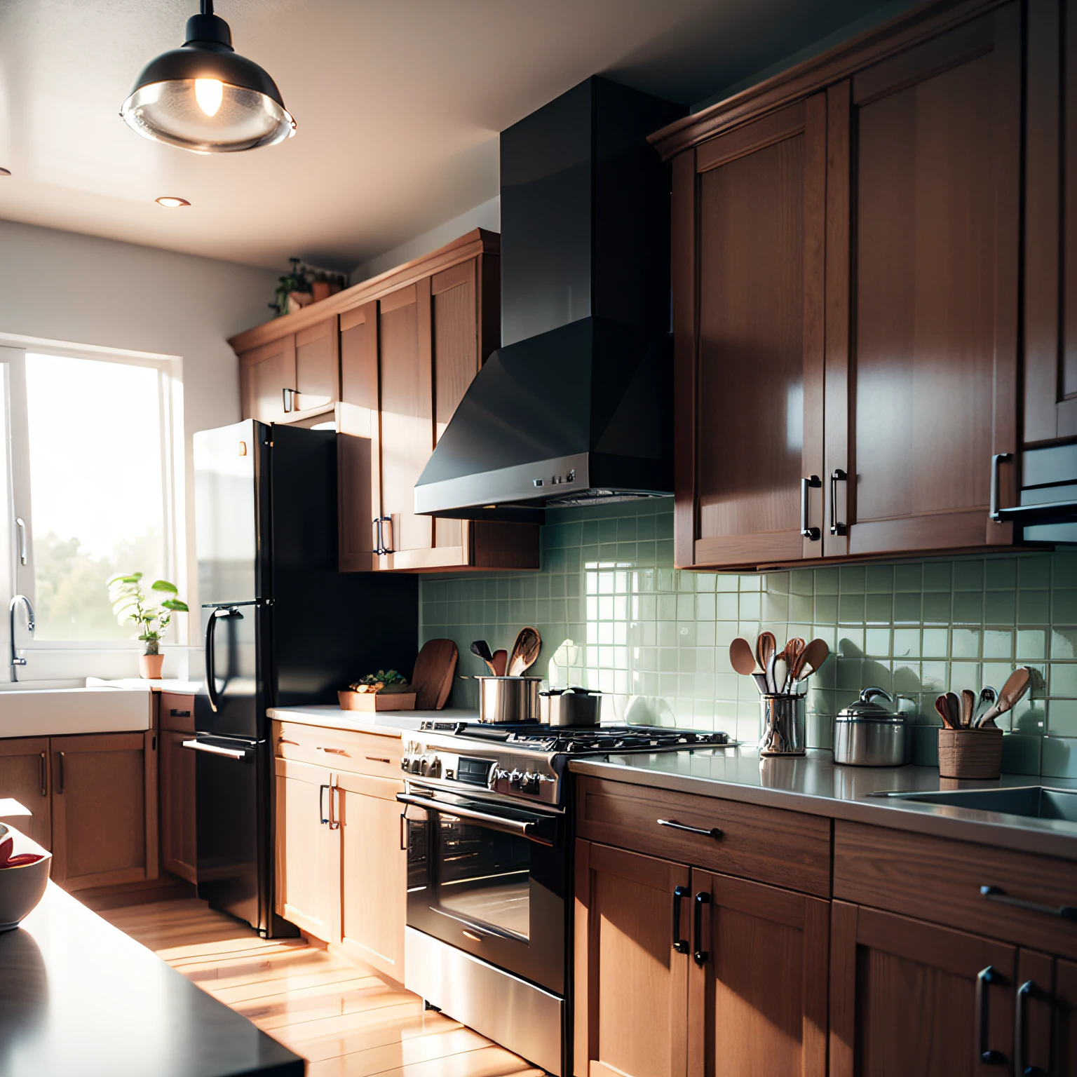 Cozinha moderna vintage em 1940,kitchen decoration,built-in industrial stove,porta de vidros,madeira imbuia natural,janela de madeira artesanal,kitchen tower two electric ovens,kitchen sink and balloon,a dishwasher,fujifilmXT3,UHD,Octane Render 3D,4K,8K --auto