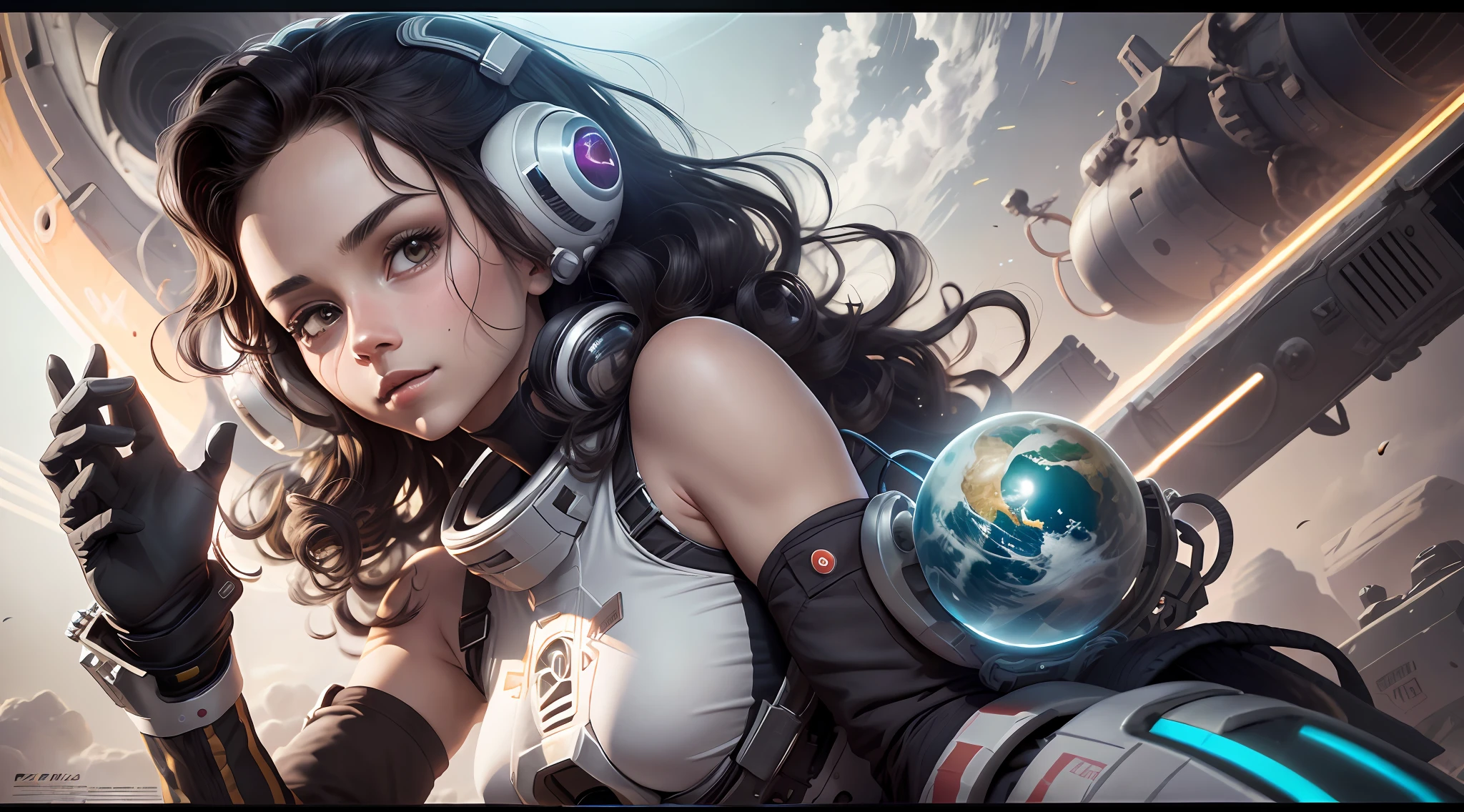 panoramic, a black-skinned girl with curly hair in the foreground floats inside a large gravitational capsule, Dynamic angle, (sonrisa perfecta, Ojos brillantes realistas, cuerpo perfecto, cuerpo completo, brazo derecho abierto, Abre la mano derecha con 5 dedos perfectos, brazo izquierdo abierto, Abrir la mano izquierda con 5 dedos perfectos, Pierna derecha separada con pie derecho perfecto,  pierna izquierda estirada con pie izquierdo perfecto, Rodillas perfectas, Codos perfectos, Cuello perfecto, small hip, small breasts: 0.8), Max Quality, golden ratio, (small space objects in the background: 1.2), (((2 naves espaciales, 3 planetas y 1 sol en el fondo: 0.5))), retrato de anime Space Cadet Girl, from a 2 0 1 9 sci fi 8 k movie,  Zoe Kravitz astronauta futurista, 8K movie still, still 8K movie, Zoe Kravitz como astronauta, en traje espacial, Chica en el espacio, Renderizado horizontal 8K, Hermosa chica en traje espacial, amplitud, Plan General, Kinematic, Fotorrealismo, Film grain, anamorphic, (Sin gravedad: 1.8), splendid, lechoso, Piel altamente detallada, Detalles realistas de la piel, poros visibles, lomography, Translucent,  Max Quality