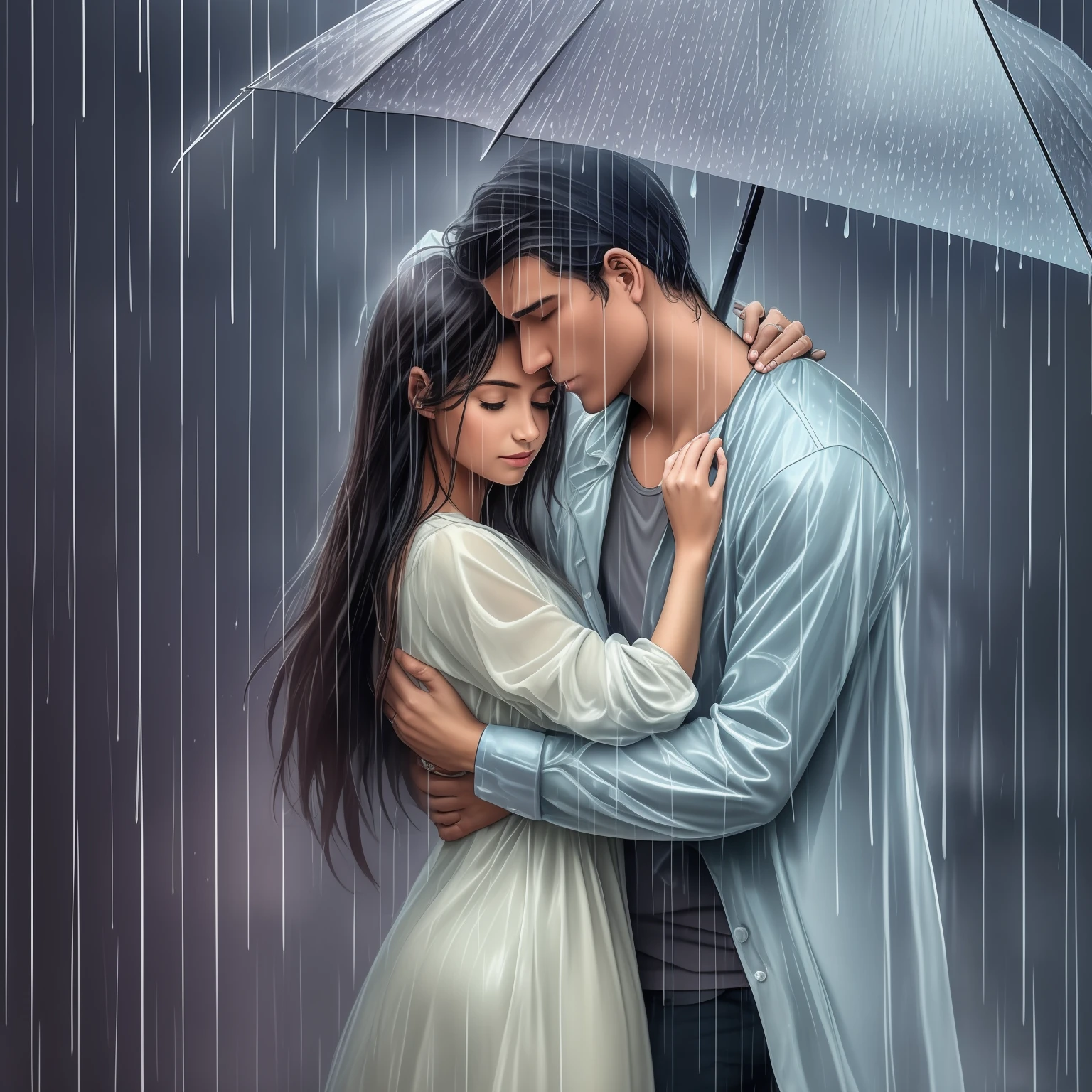 a girl 25 old year is kissing a reflection of himself behind a window, it's raining hard outside, the drops make drawings on the glass writing the lyrics of his songs as well as leaving mist behind, open angle, realistic photography ar 3:4 --auto