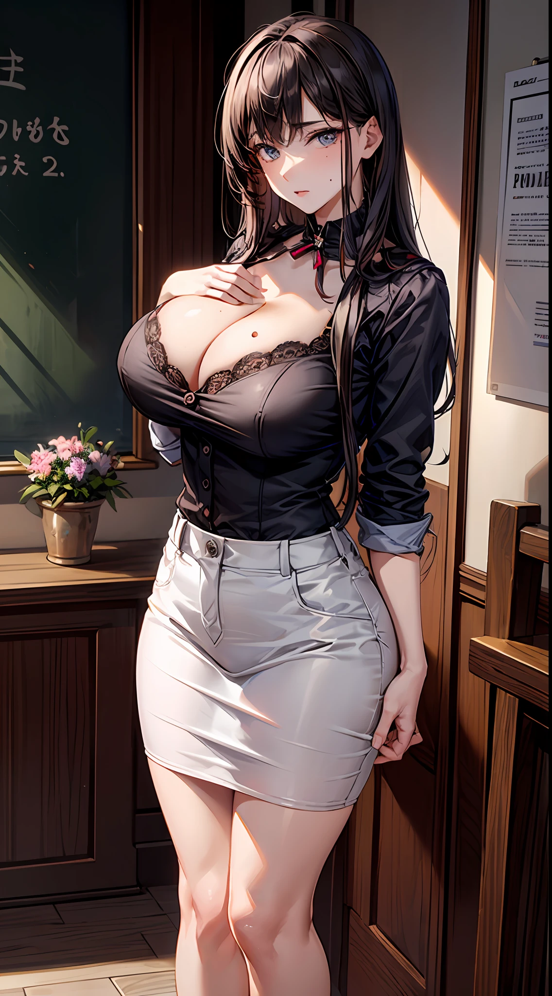 (masterpiece), best quality, expressive eyes, perfect face, mature woman, school teacher, strict, huge breasts, (one hand on own chest:1.2, second hand behind own back:1.2), mole on breast, cleavage