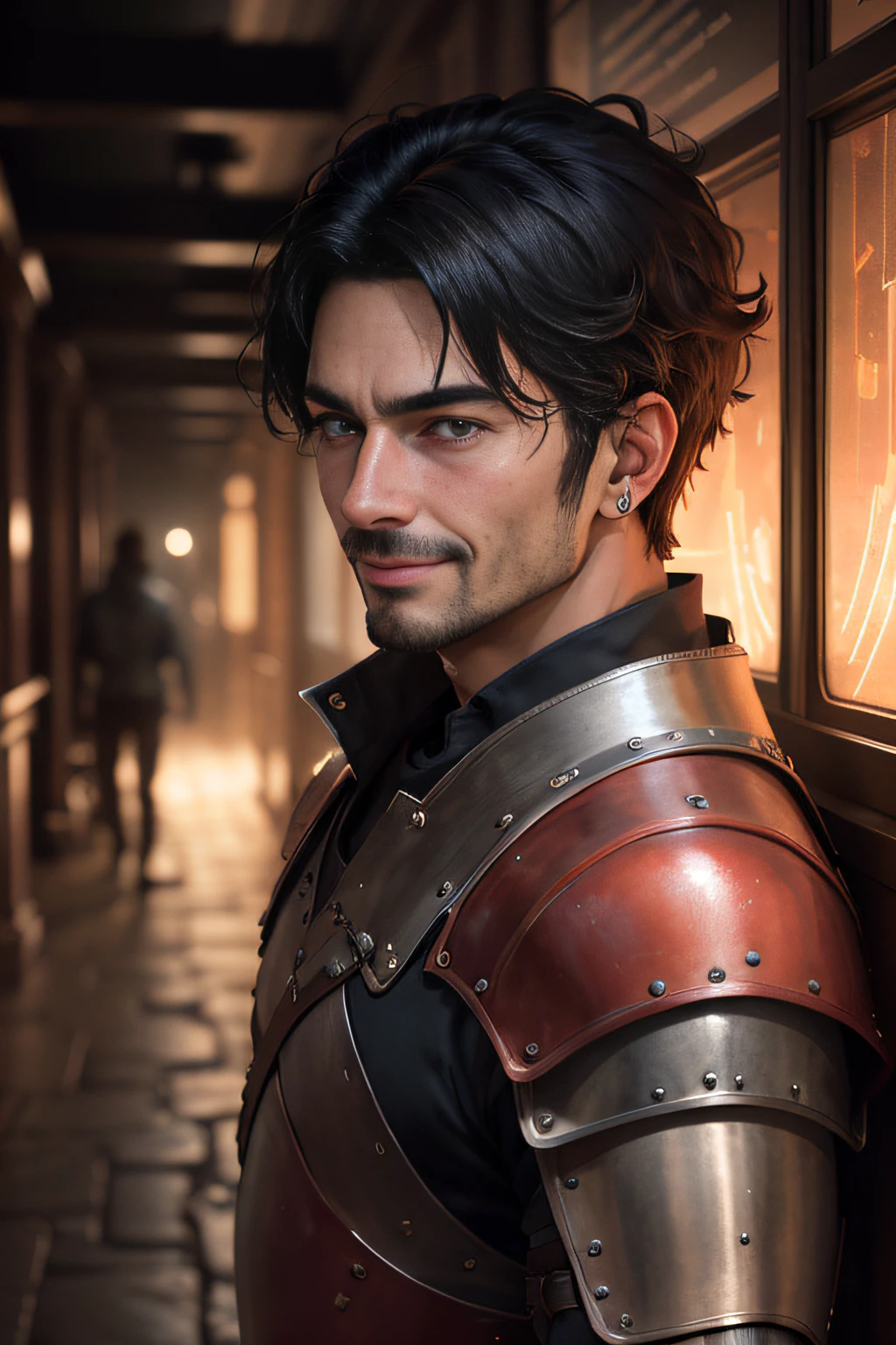 man, guerreiro, homem medieval, cabelos pretos, Sorriso leve, cabelo sobre o ombro, amber eyes, sorriso, lone, Cansado, Surrealismo, sombra projetada, Anaglyph, Estereograma, Tachi-E, Pov, Atmospheric perspective, cinematic lighting, 8k, Super Detalhe, ccurate, melhor qualidade
