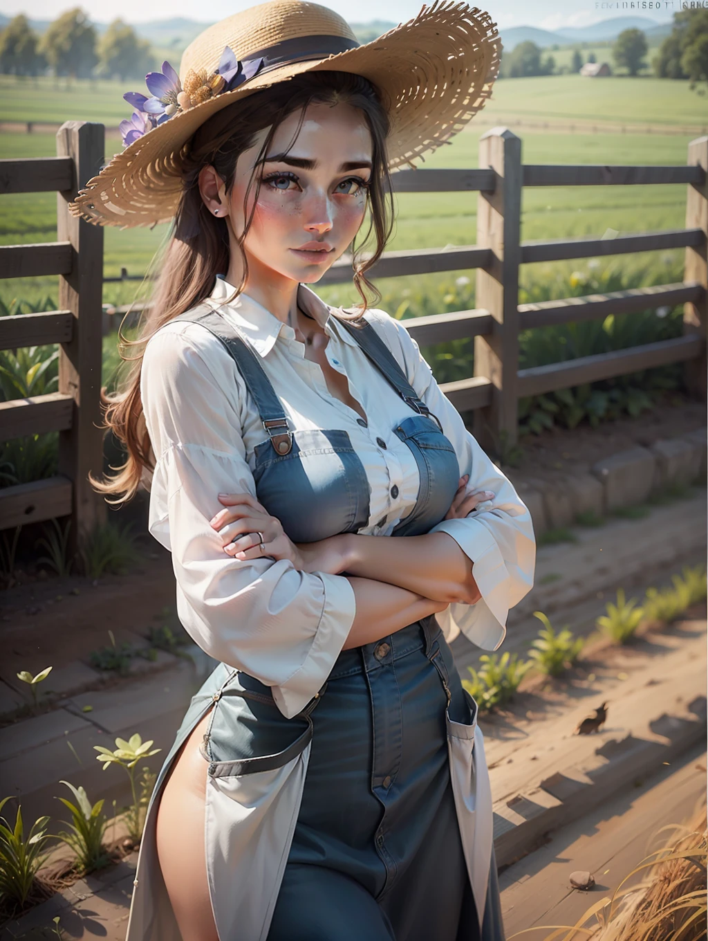 Immerse yourself in the rustic charm of farm life as you create a beautiful and realistic image of a girl working in a vast field, surrounded by cows. Showcase the serene countryside ambiance, capturing the Women's dedication and connection to the land as she tends to the animals and nurtures the agricultural bounty.ray trace, (brightening light:1.2), (Increase quality:1.4), (best quality real texture skin:1.4), finely detailed eyes, finely detailed face, finely quality eyes, (tired and sleepy and satisfied:0.0), beautiful clothes, (Increase body line mood:1.1), (Increase skin texture beauty:1.1) (full-body)