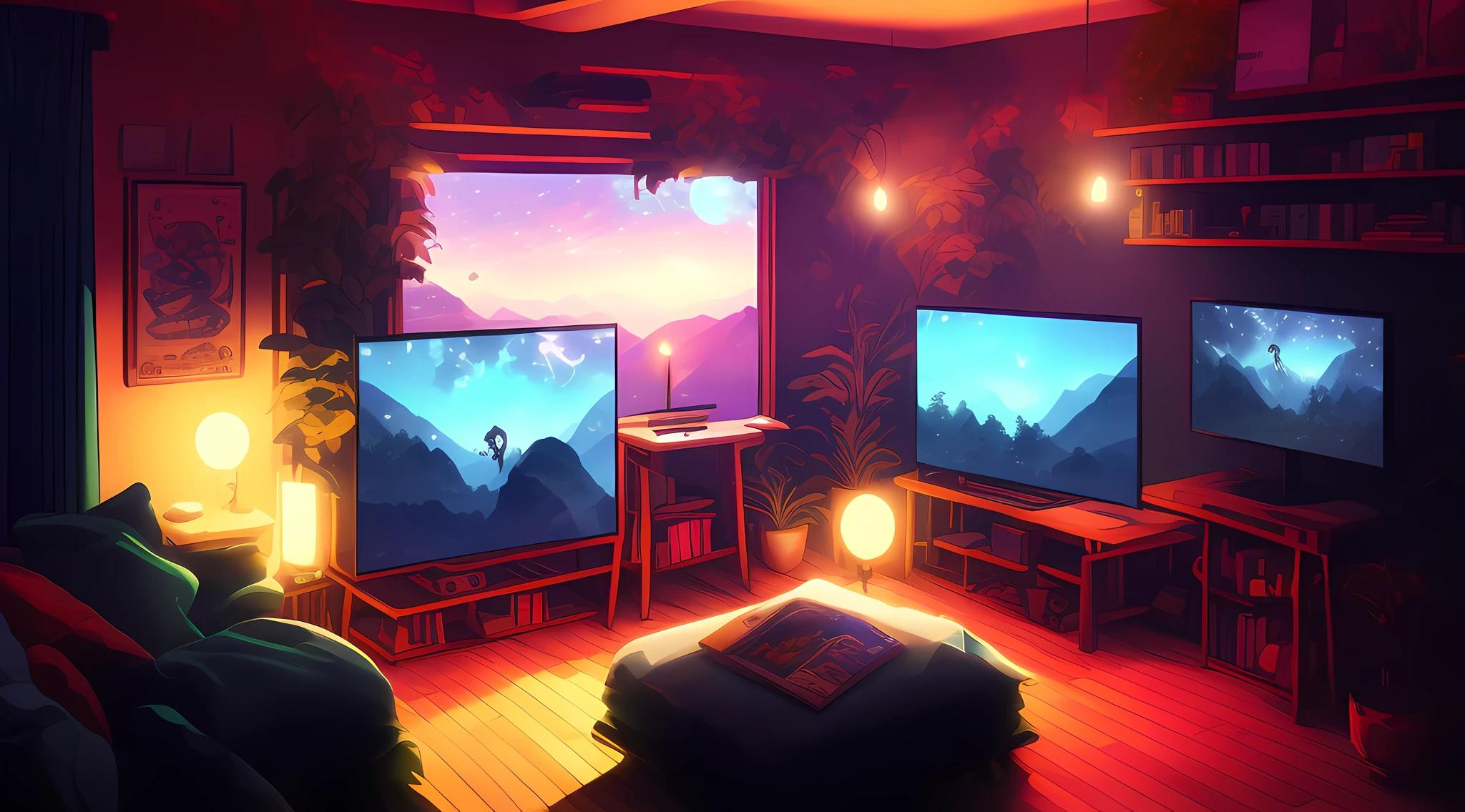 hestyle  inside view of gaming room at evening, colorful night