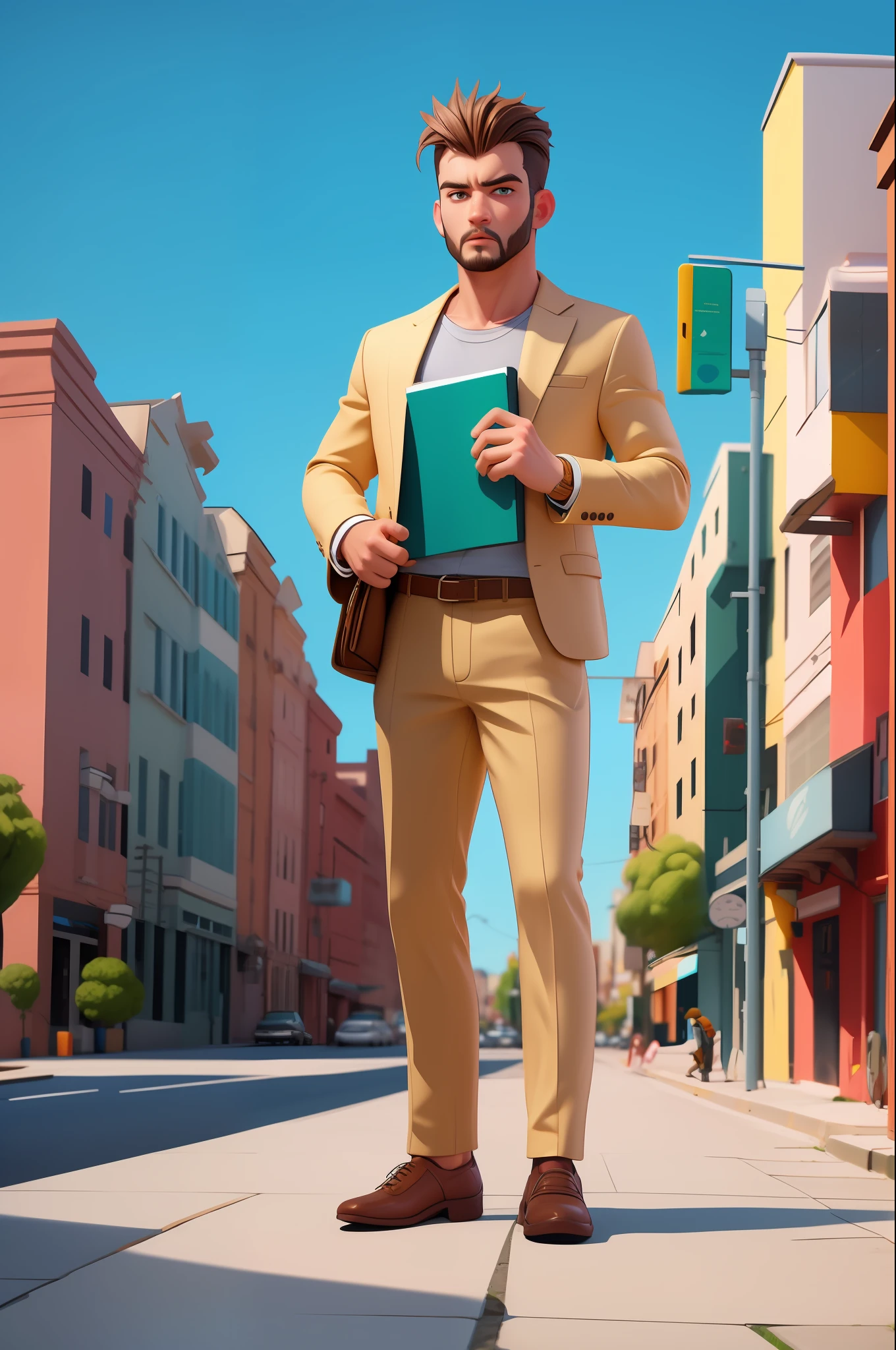 3dcharacter, (1man, 28 anos, masculino: 1.2), olhos castanhos , barba grossa ruiva, cabelo ruivo, V-Neck Top, workbook in your hands, trajes urbanos, olhando para frente, obra-prima, melhor qualidade, (fundo urbano claro: 1.1)