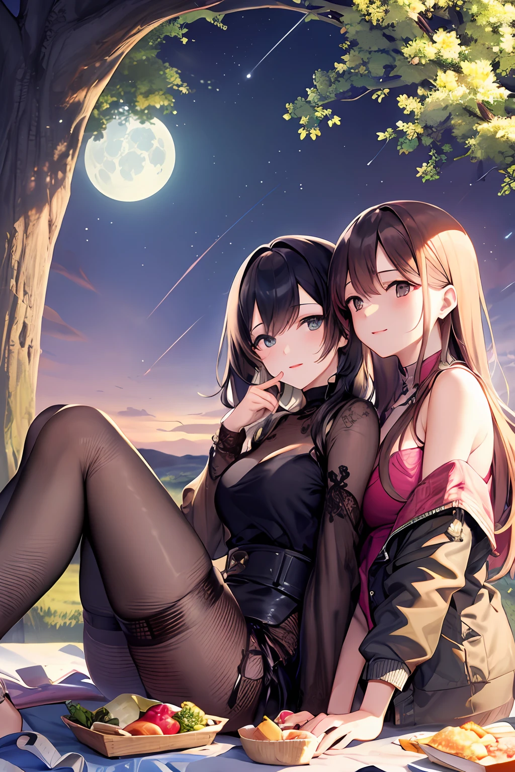high resolution, professional lighting, a couple of women sitting next to each other, (picnic on lunar surface), (rounded earth), beautiful detailed face and eyes, masterpiece, best quality