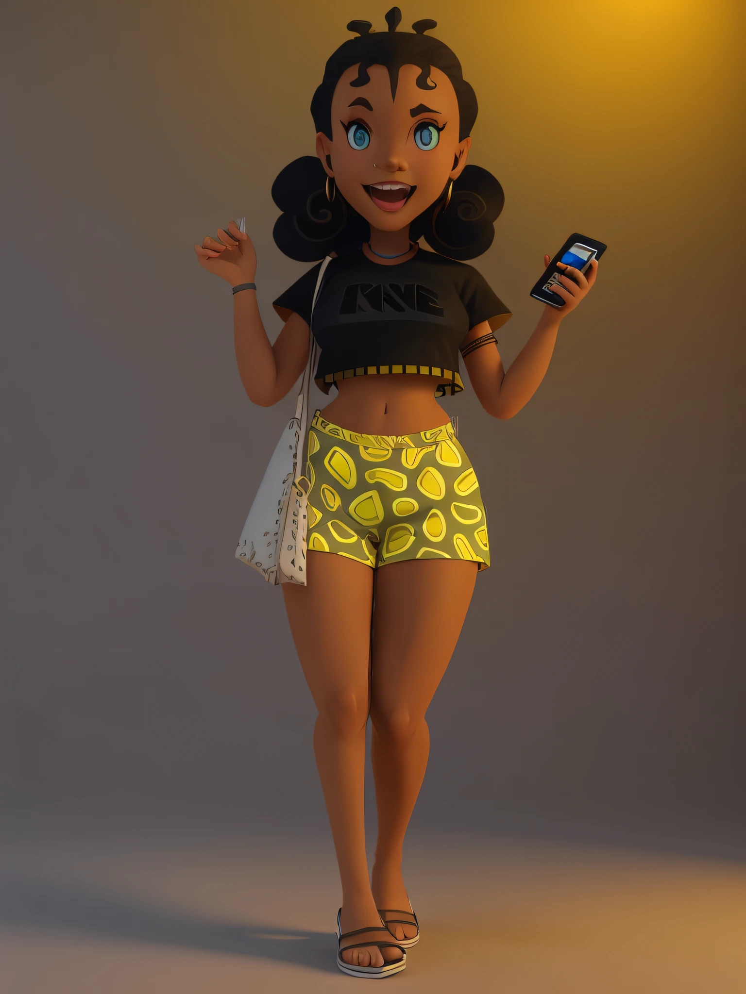 desenho 3D cheio de sombras de uma mulher em uma saia curta segurando um telefone celular, retrato de corpo inteiro de um curto!, arte dos desenhos 3D com shaders, cel shading, em estilo cartoon, 3D render, cartoon style, full length render, estilo de arte dos desenhos 3D, adolescente negra, official art, Menina afro-americana, in style of digital 3D cel shading art, super bonito funky menina preta, full color render art, official art, retrato de personagem de corpo inteiro , cinematiclighting, golden hour, studio illumination, ambient lighting, cores realistas --auto