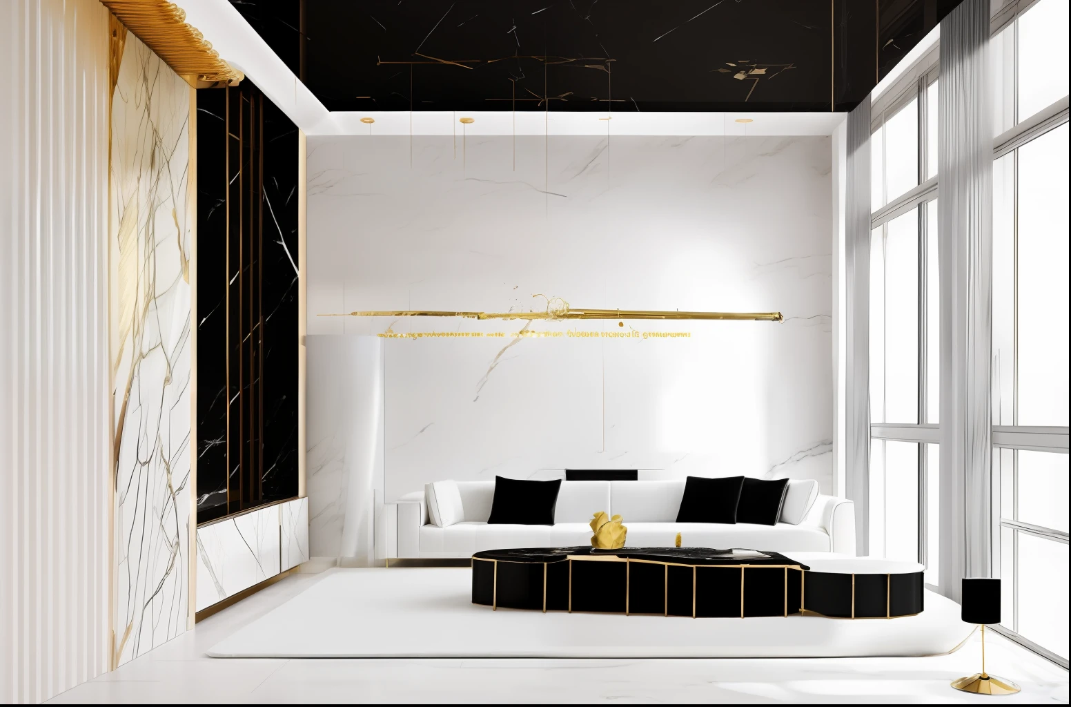 The living room with abig tv, ivory and black marble, marble walls, on a large marble wall, white marble floor, lủuy space, super sophisticated texture, living room wall background, elegant and refined, exaggerated texture, made of liquid metal and marble, line gold