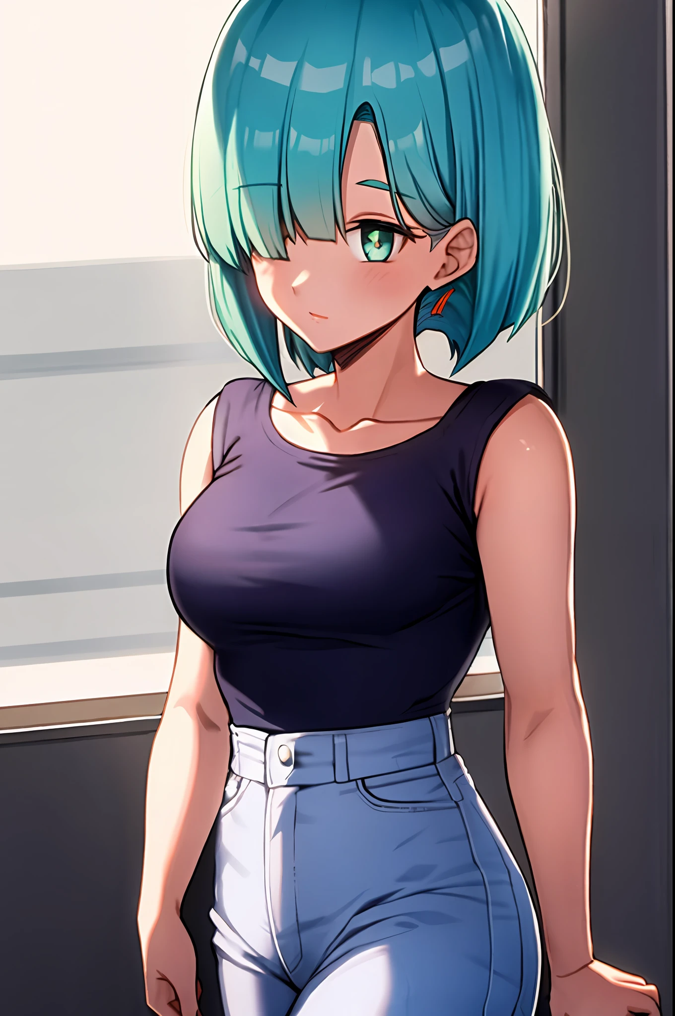 Bulma, Girl, cabelo vermelho, cabelo liso, faixa, olho verde, musculosa, munhequeira azul,