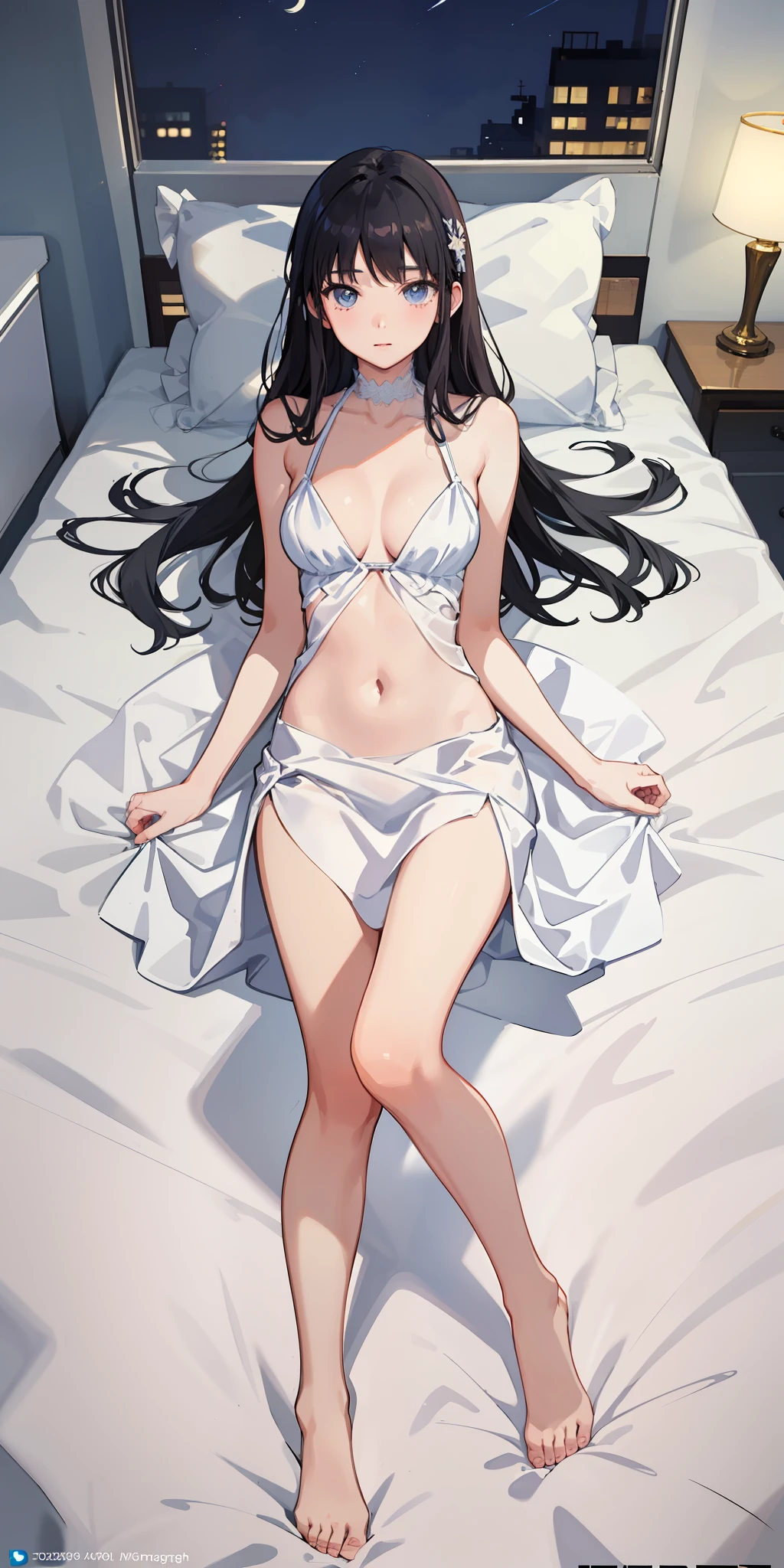 masterpiece, best quality, ultra-detailed, illustration,1girl,
long hair, black hair, 
medium breast,  white gown, slim legs, navel, nervous, bedroom, laying on bed, night