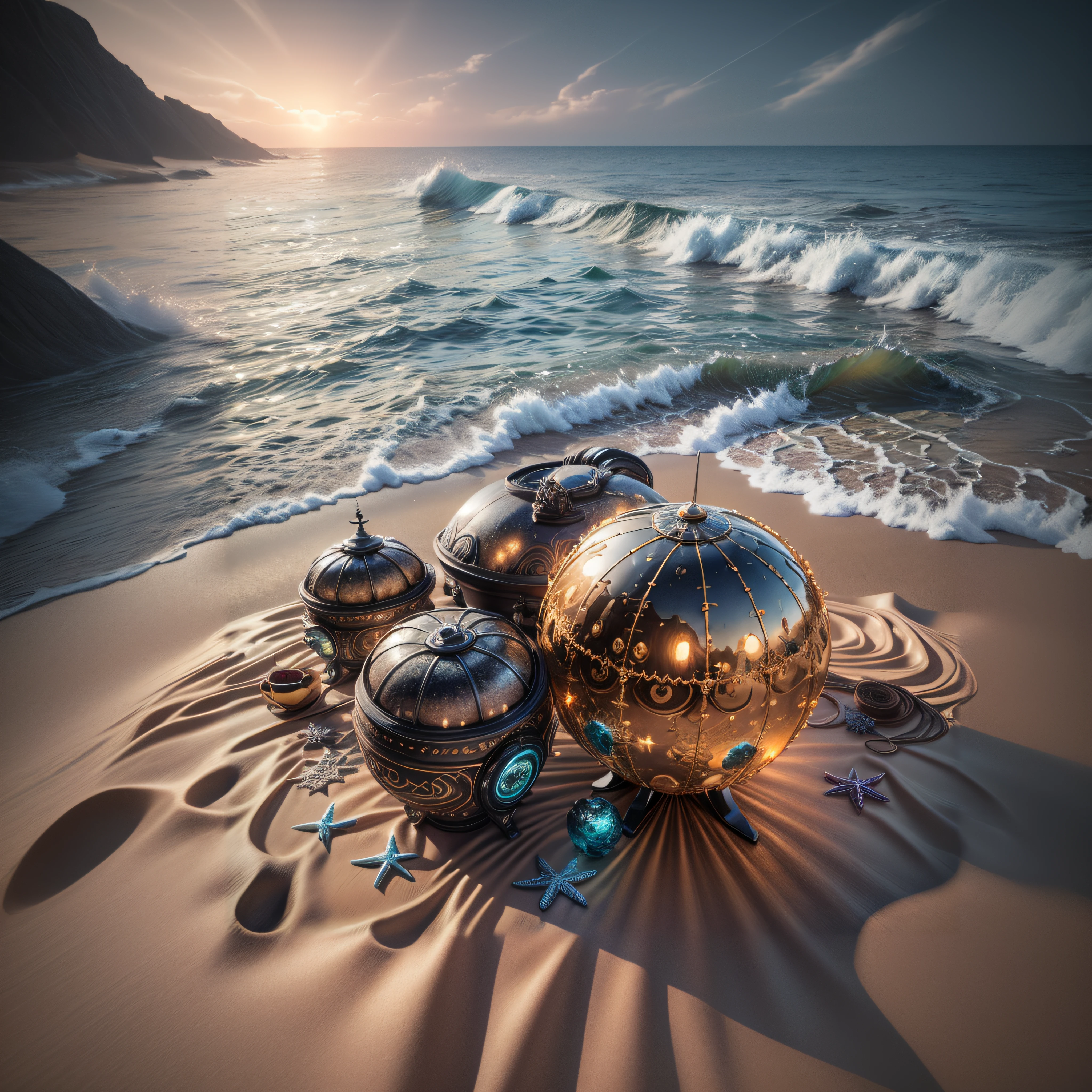 there are three decorative objects on the sand near the ocean, (Octane render) estilo fantasia, Fantasy Style 8k Octane Rendering, 3 d render bipe, (fantasia), Premiado. Octane render, octano render aesethic, stuning fantasia 3 d render, 3 d artistic render, realistic fantasy rendering, created in Octane Rendering, daily render