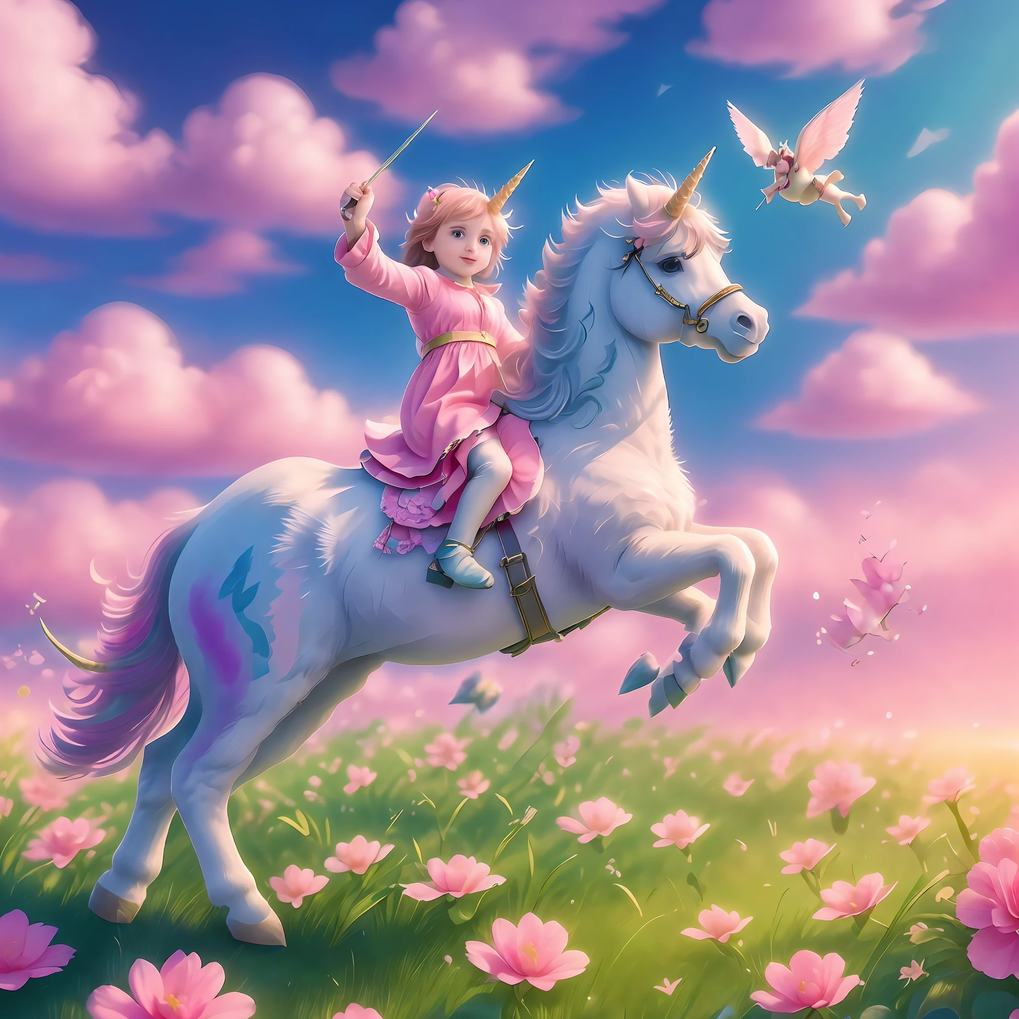 (Ultra-high precision CG,Flawless work,)O retrato mais expressivo apareceu!A unicorn flying with a beautiful little princess over a beautiful sky